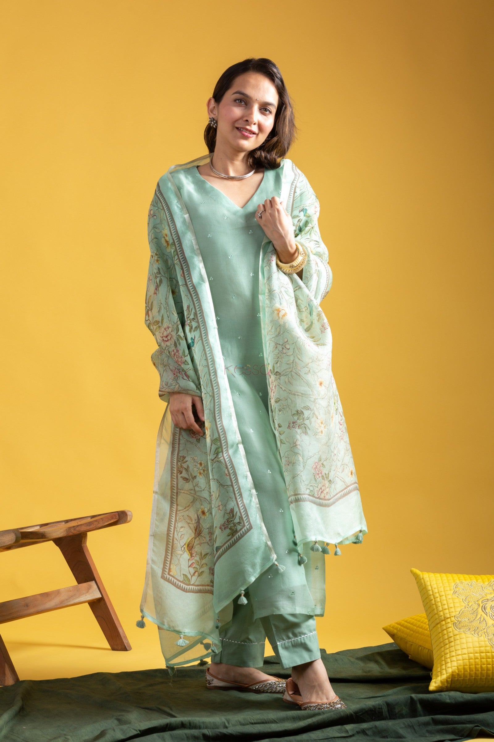 Pista Chanderi Viscose Elegant Kurta Pant Set With Embroidery Work