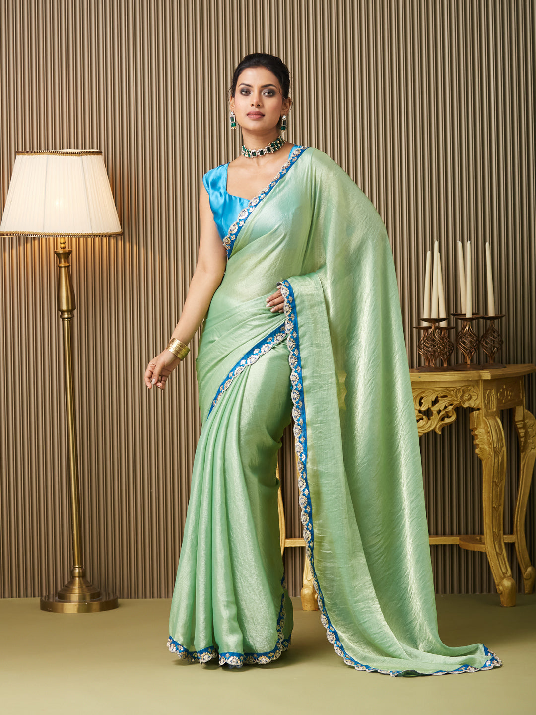 Pista Chiffon Fancy Designer Bollywood Party Saree