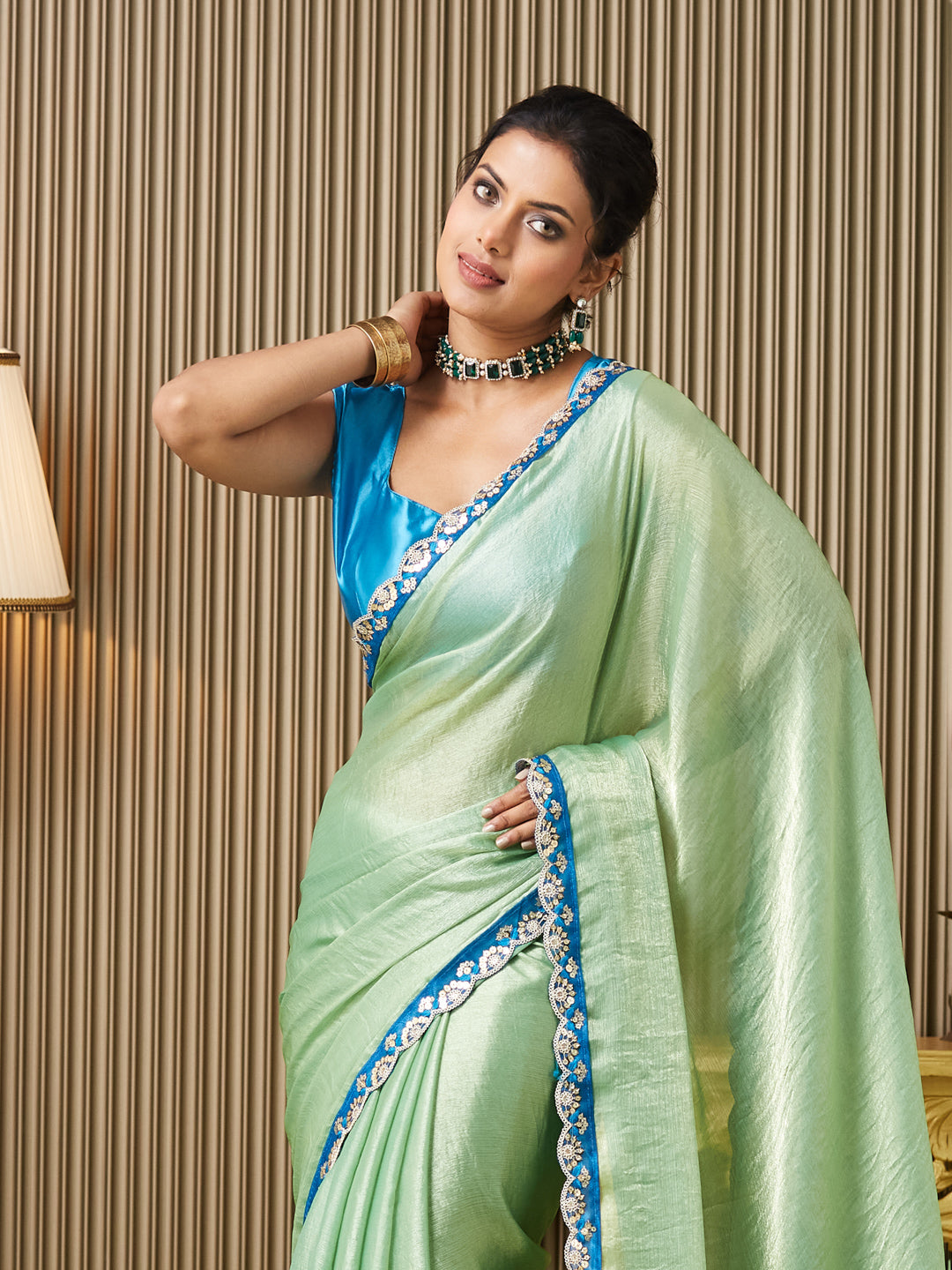 Pista Chiffon Fancy Designer Bollywood Party Saree