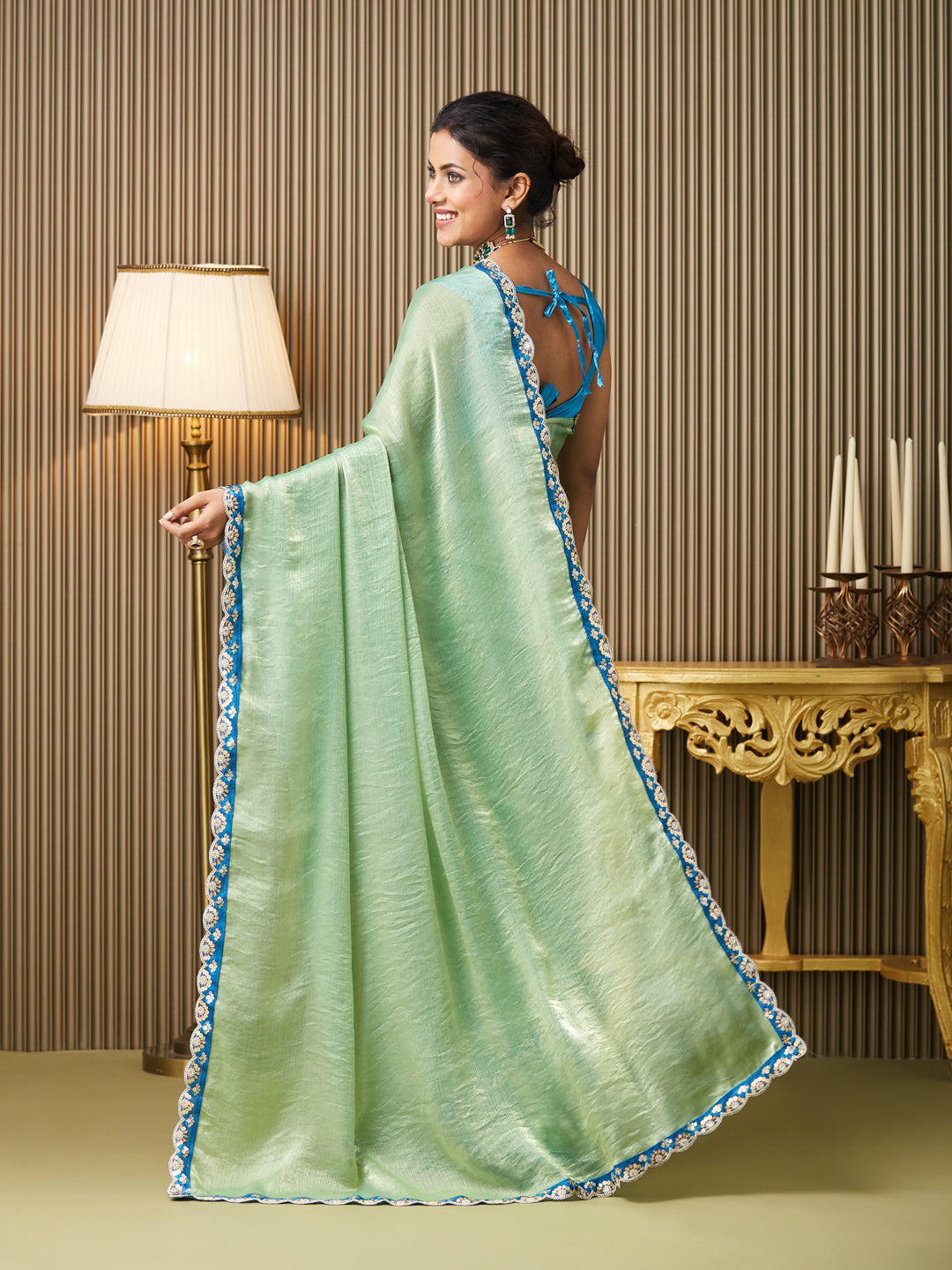 Pista Chiffon Fancy Designer Bollywood Party Saree