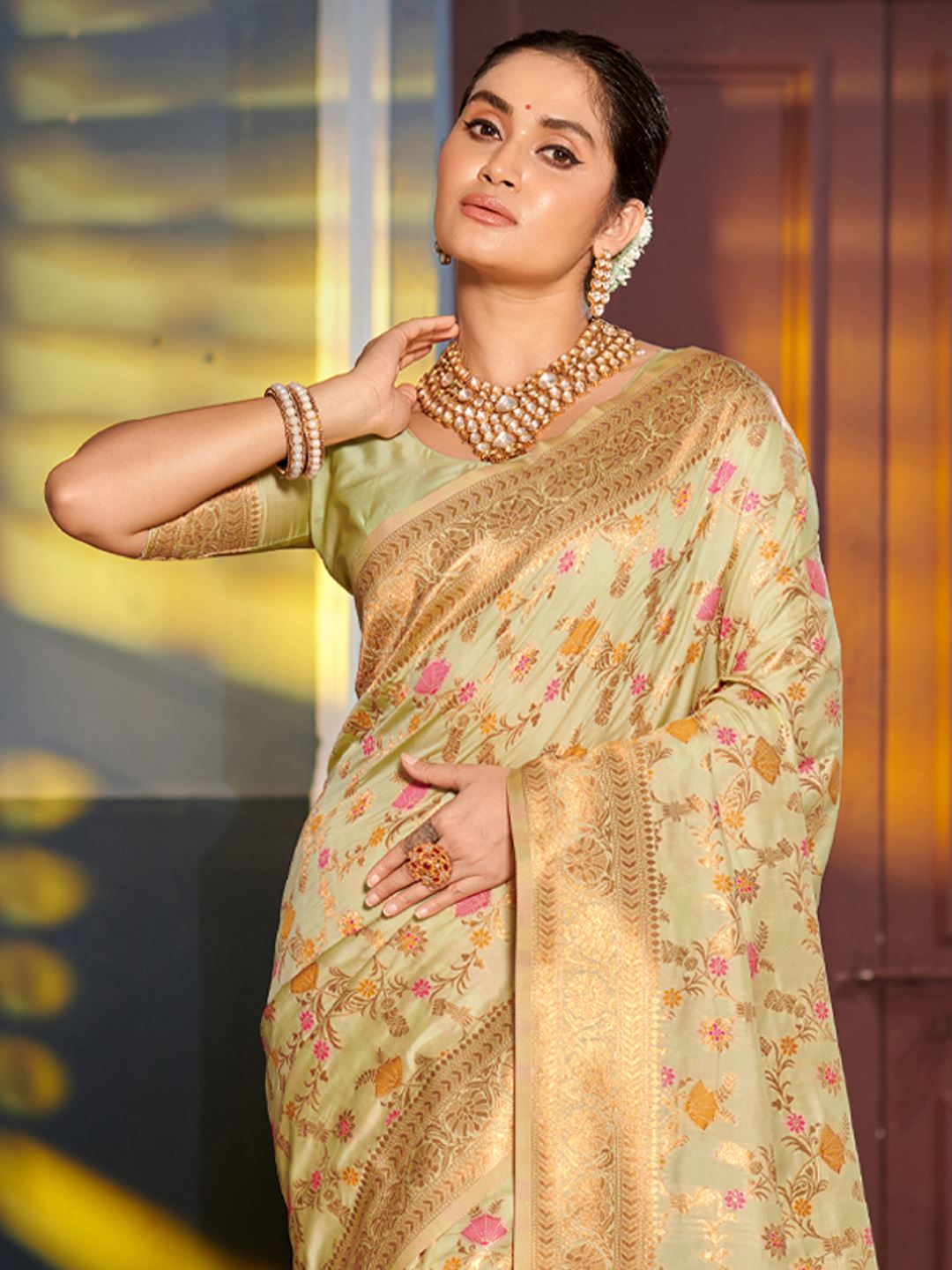 Pista Color Woven Design Banarasi Silk Saree