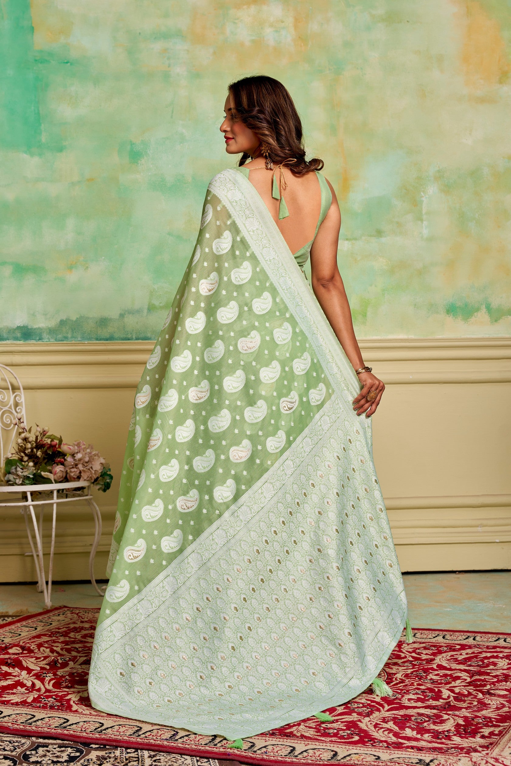 Pista Cotton Fabric Woven Designer Ethnic Festive Wear Saree