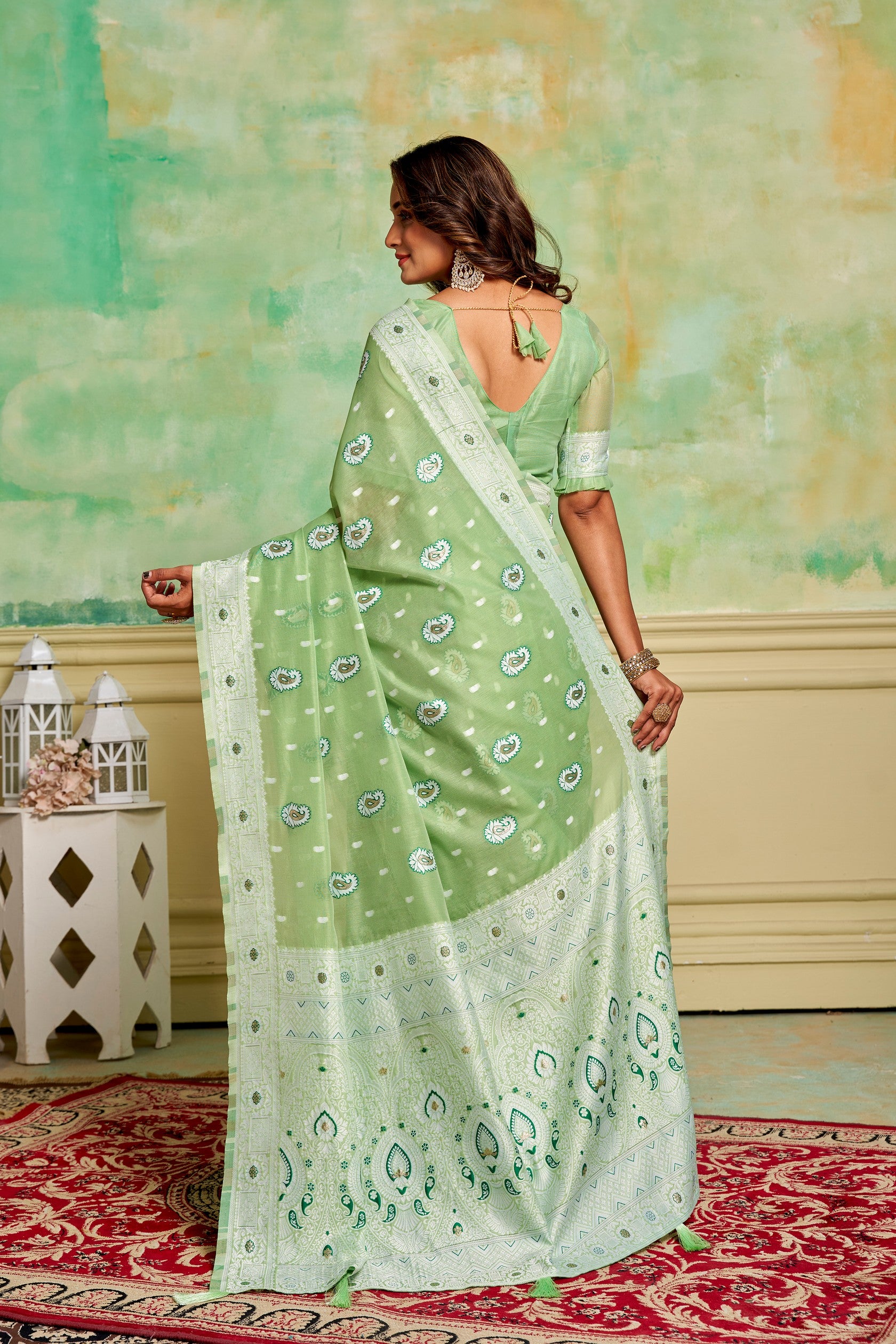 Pista Cotton Fabric Woven Designer Ethnic Festive Wear Saree
