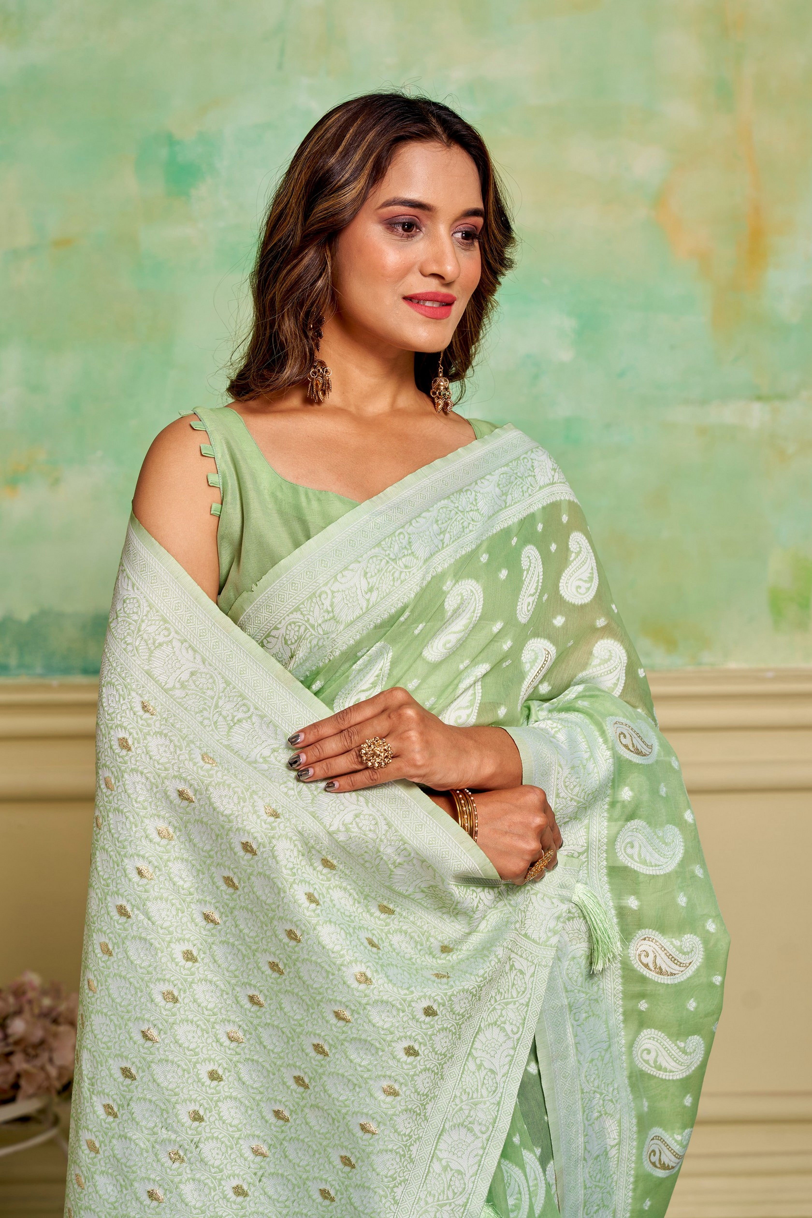 Pista Cotton Fabric Woven Designer Ethnic Festive Wear Saree