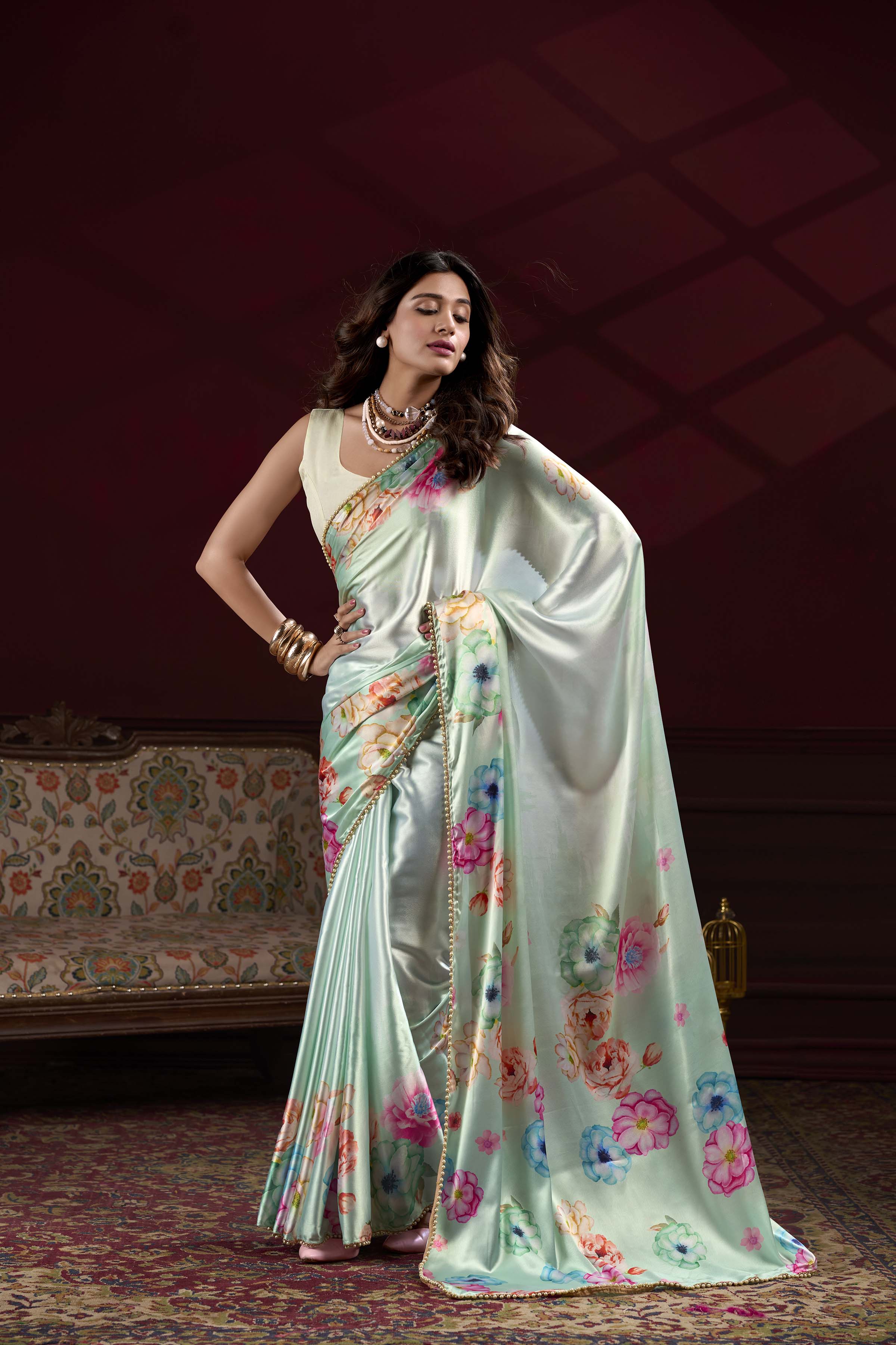 Pista Floral Printed Satin Silk Saree with Pearl Lace Border