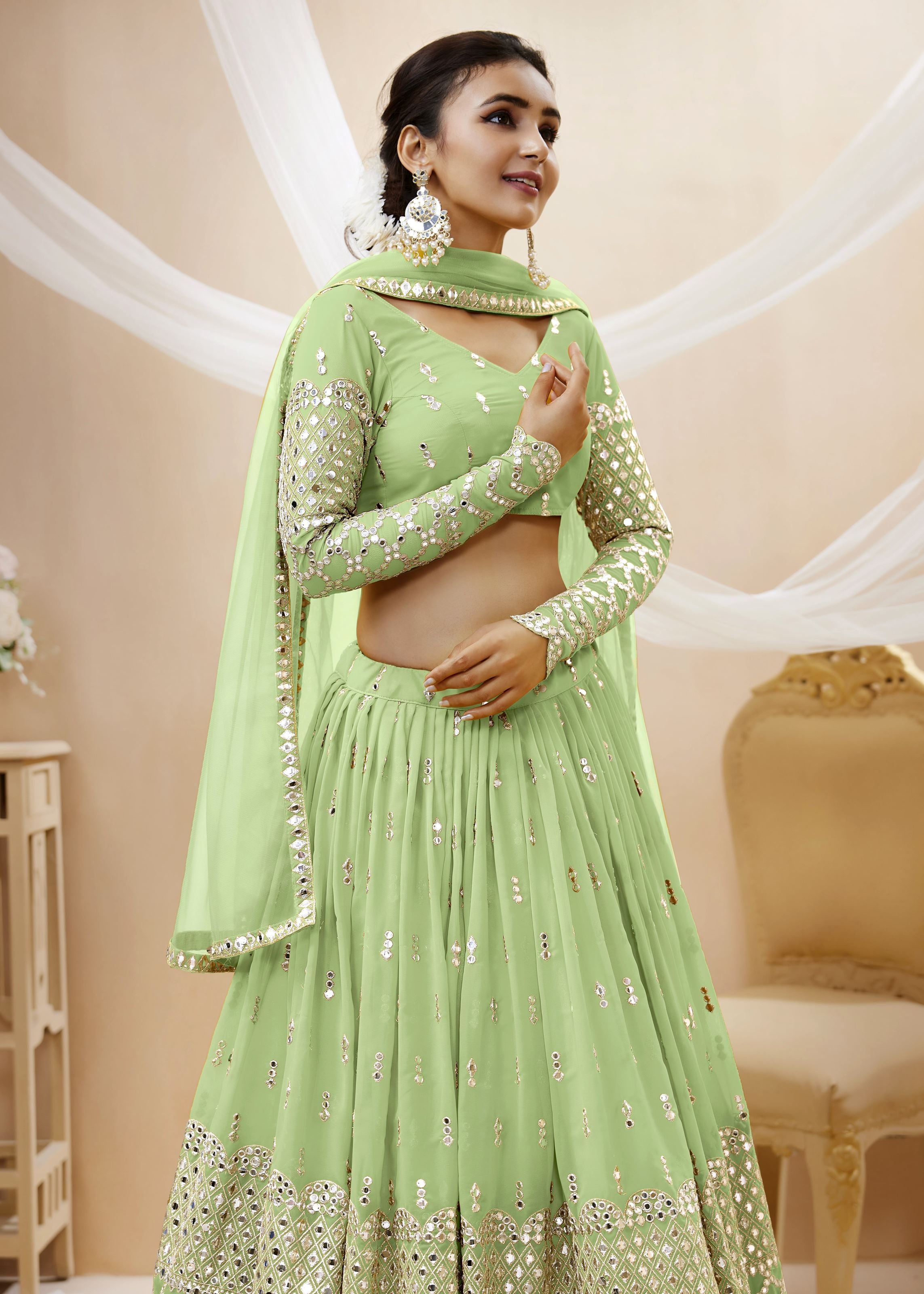 Pista Georgette Lehenga Choli With Sequins Zari Embroidered Work