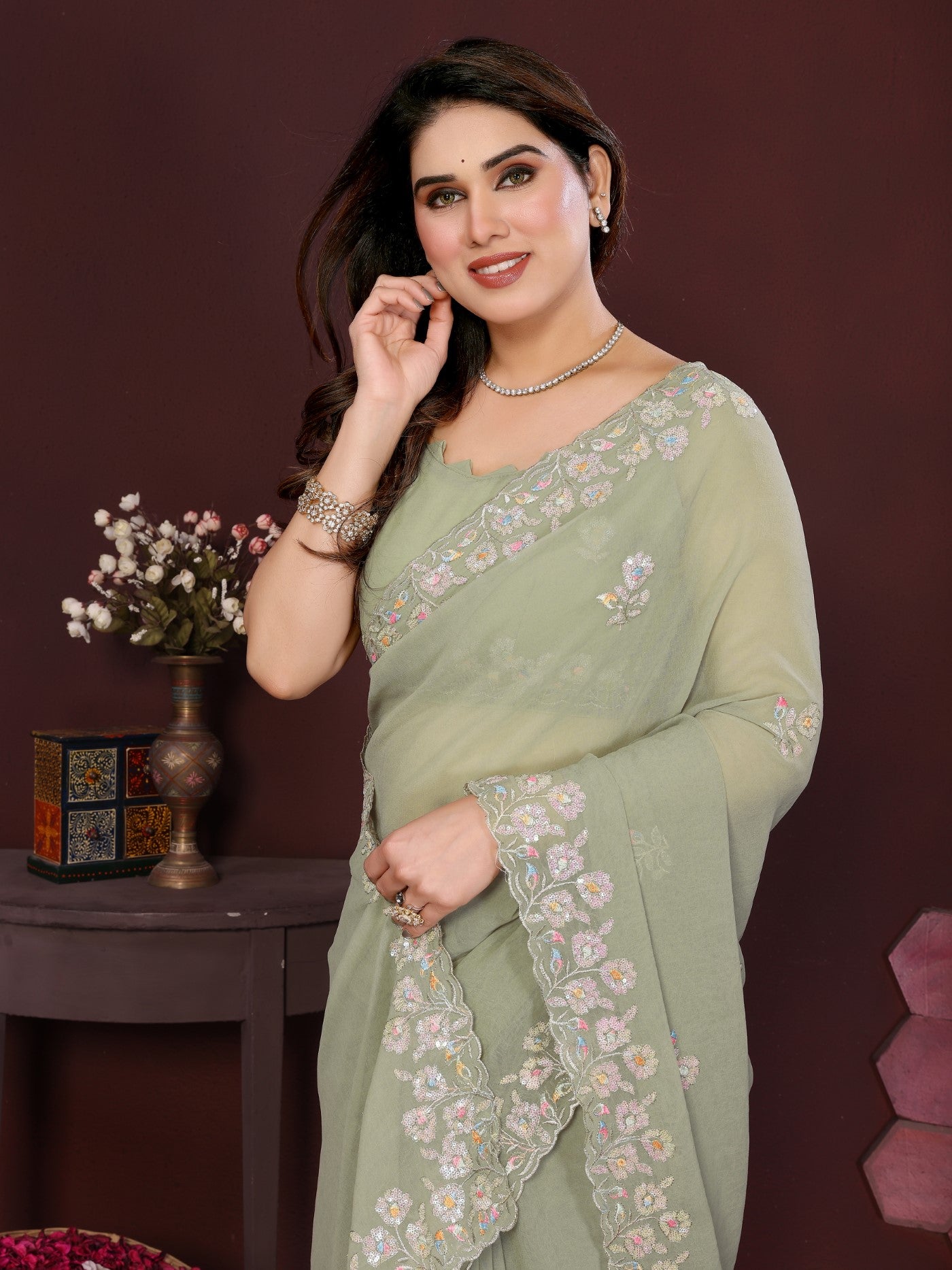 Pista Georgette Saree With Embroidery Work And Designer Blouse