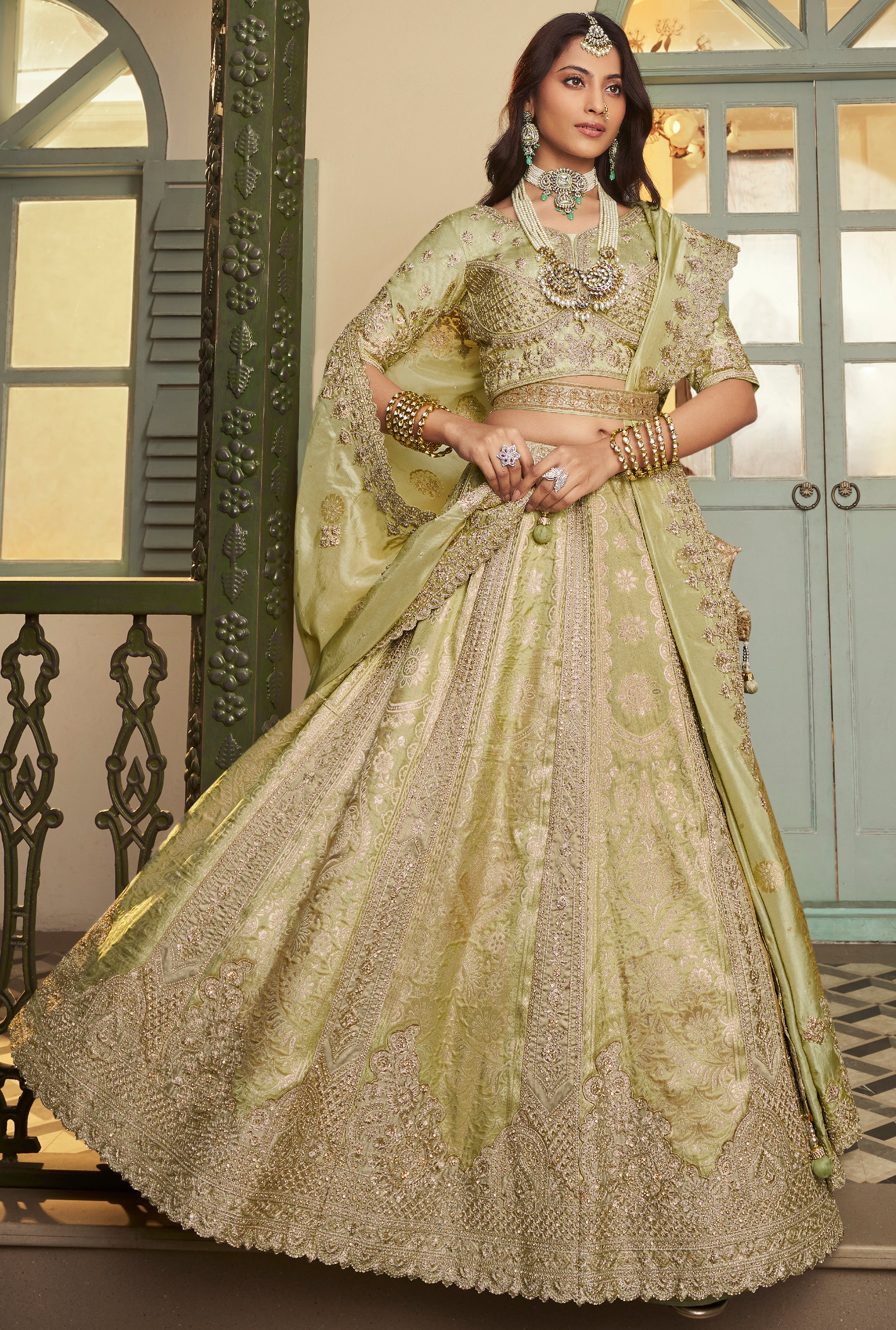 Pista Green Banarasi Premium Silk Lehenga Choli With Heavy Thread Embroidery, Sequence, Swarovski ,Stone With Zari, Khatli Weaving Work