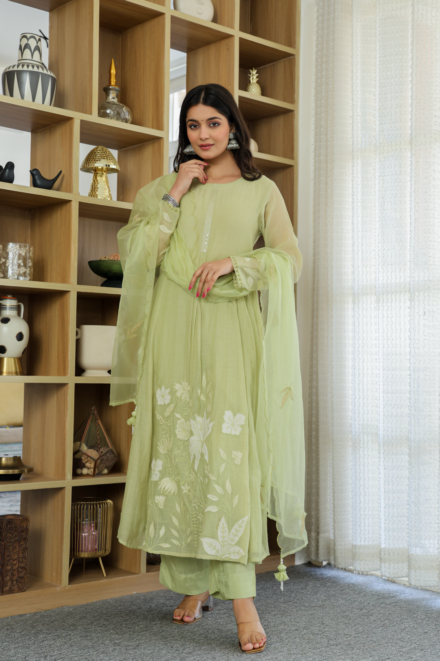 Pista Green Chanderi Silk Kurta Pant Set With Heavy Thread Embroidery Work