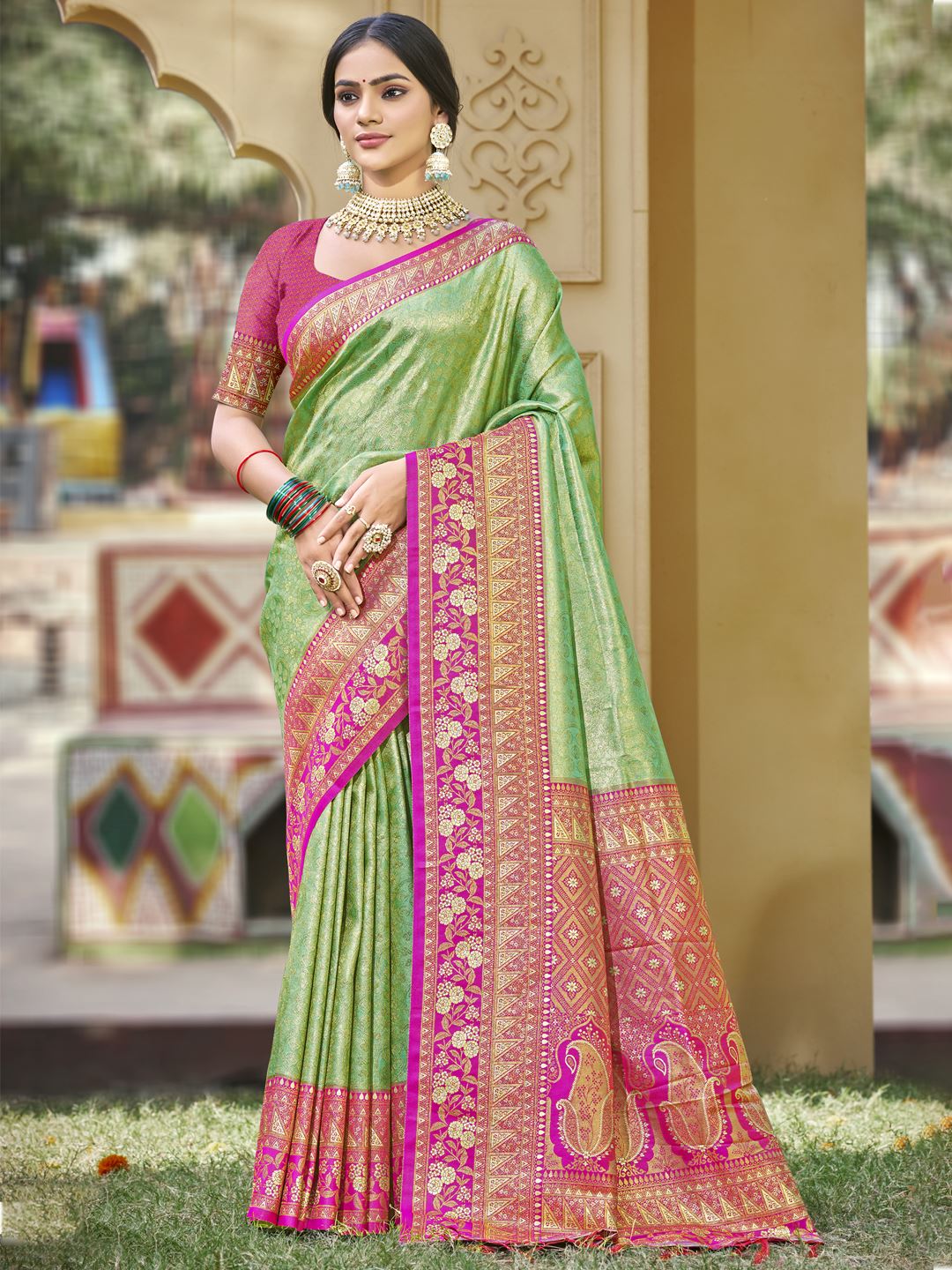 Pista Green Color Banarasi Silk Festive Wear Weaving Saree