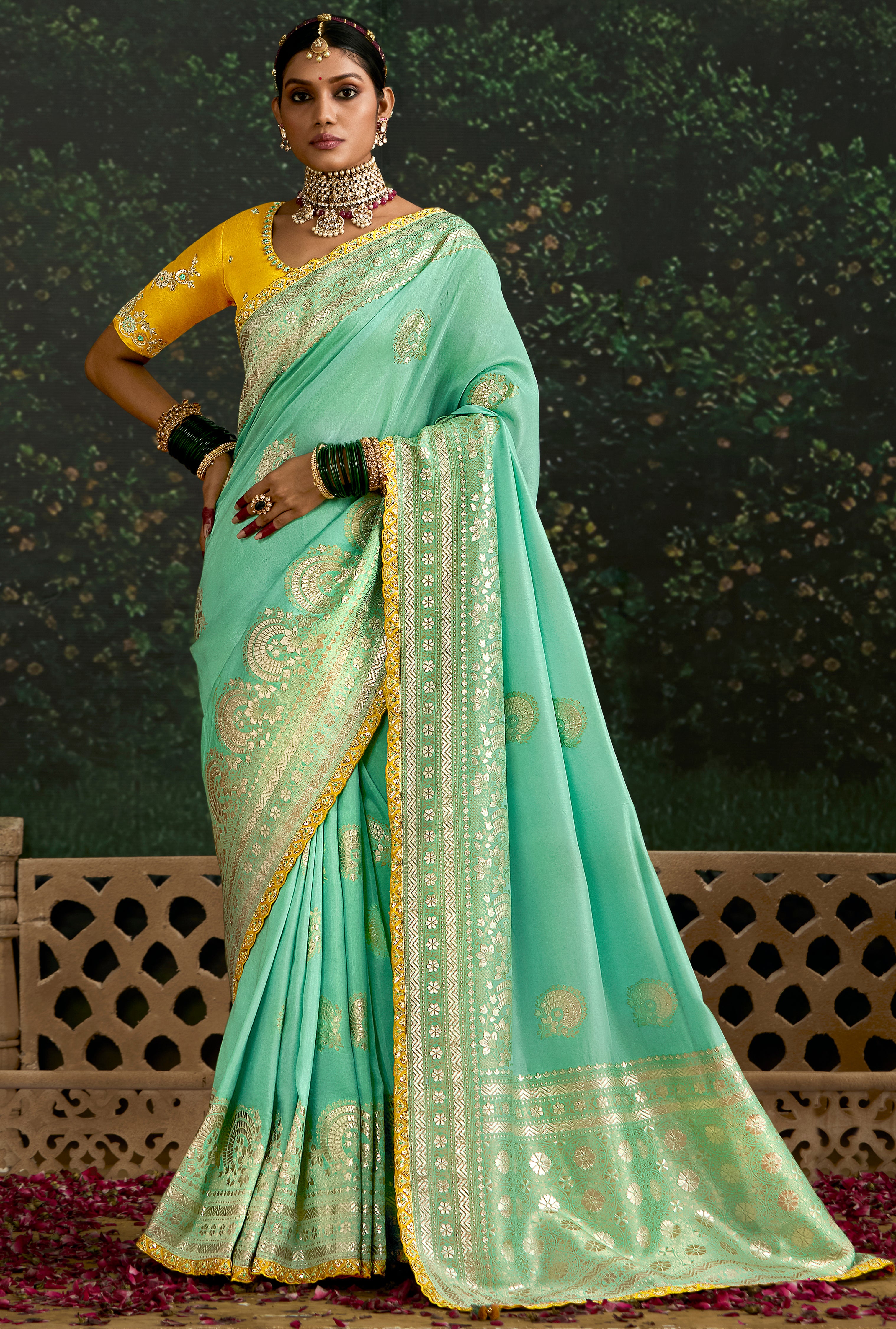 Pista Green Dola Silk Saree With Jacquard Woven with Embroidered Lace Border