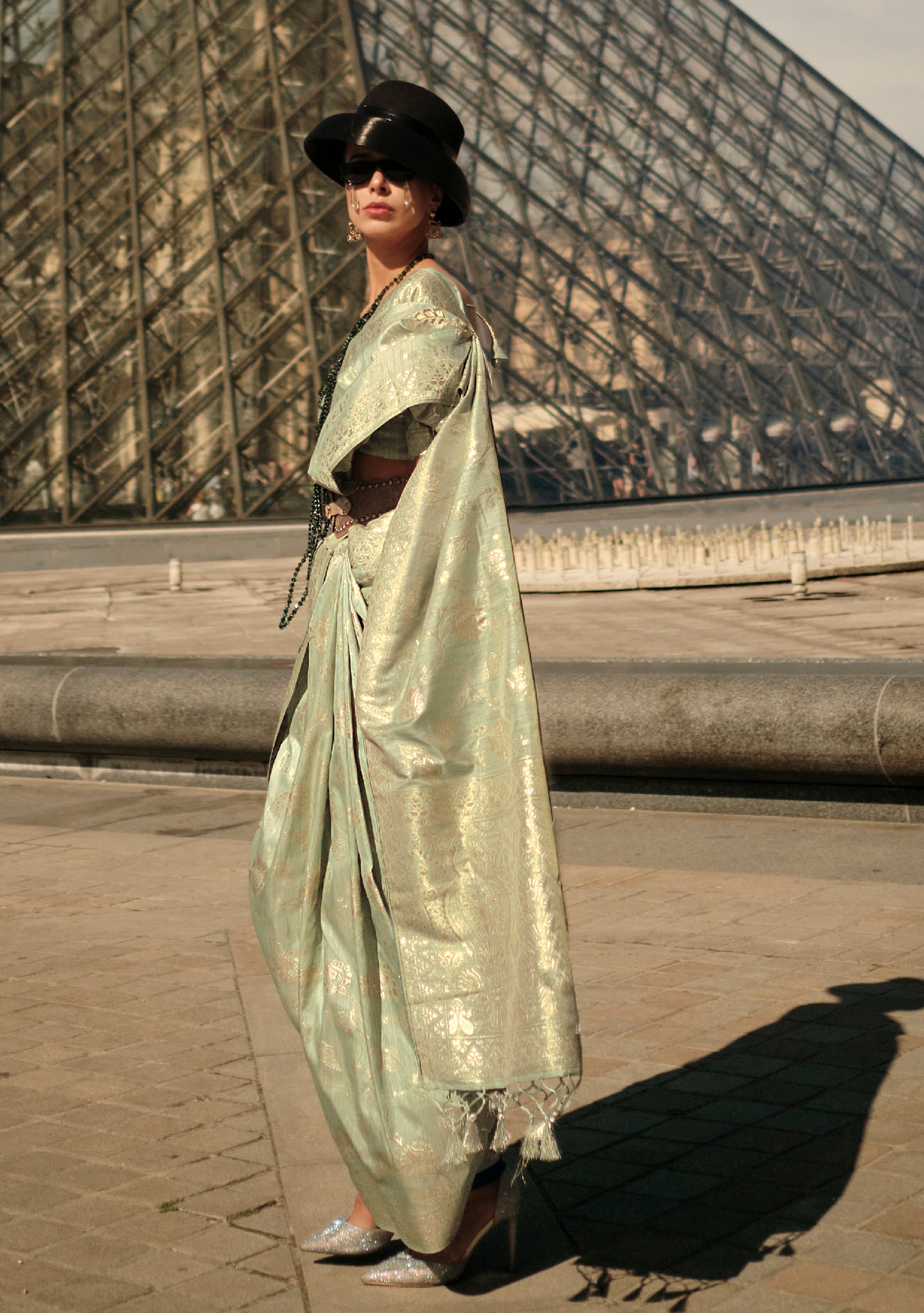 Pista Green Gota Zari Weaving Silk Saree With Woven Work