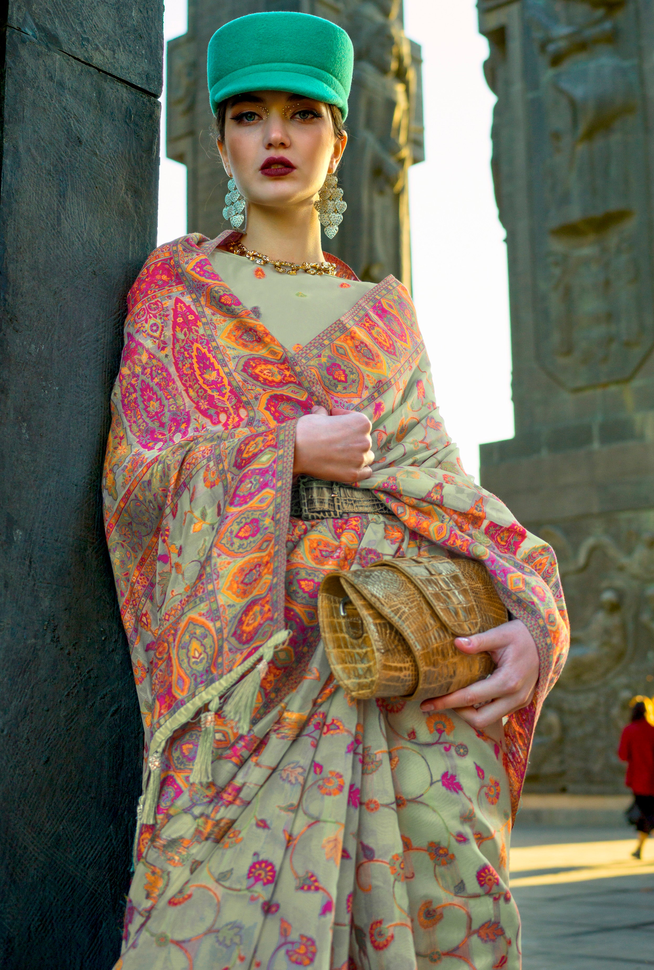 Pista Green Handloom Organza Saree With Handloom Kashmiri Jacquard Woven Work