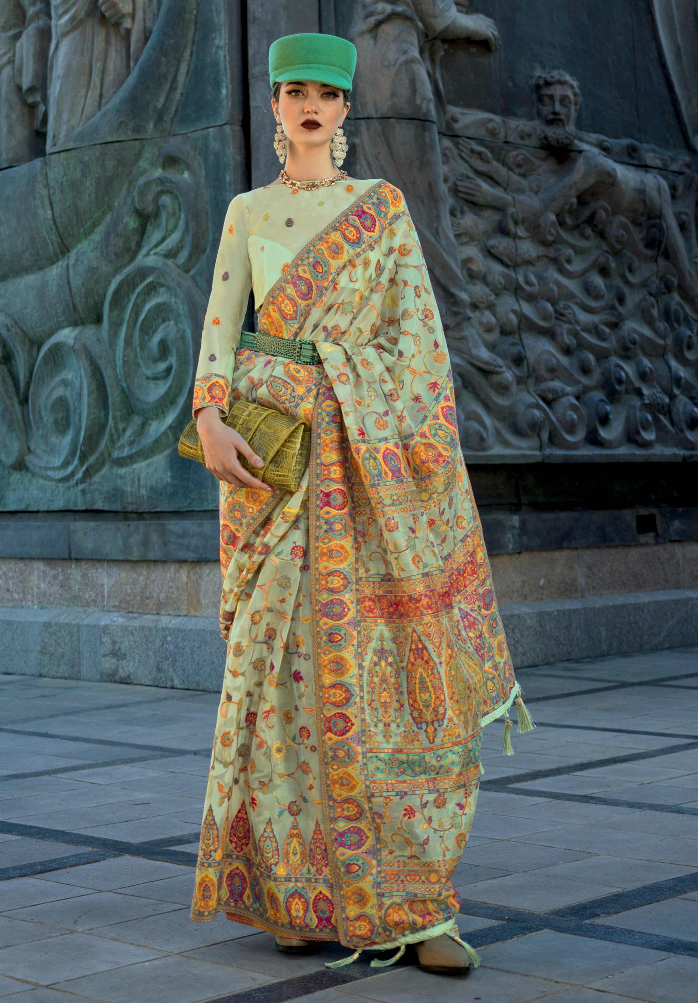 Pista Green Handloom Organza Saree With Handloom Kashmiri Jacquard Woven Work