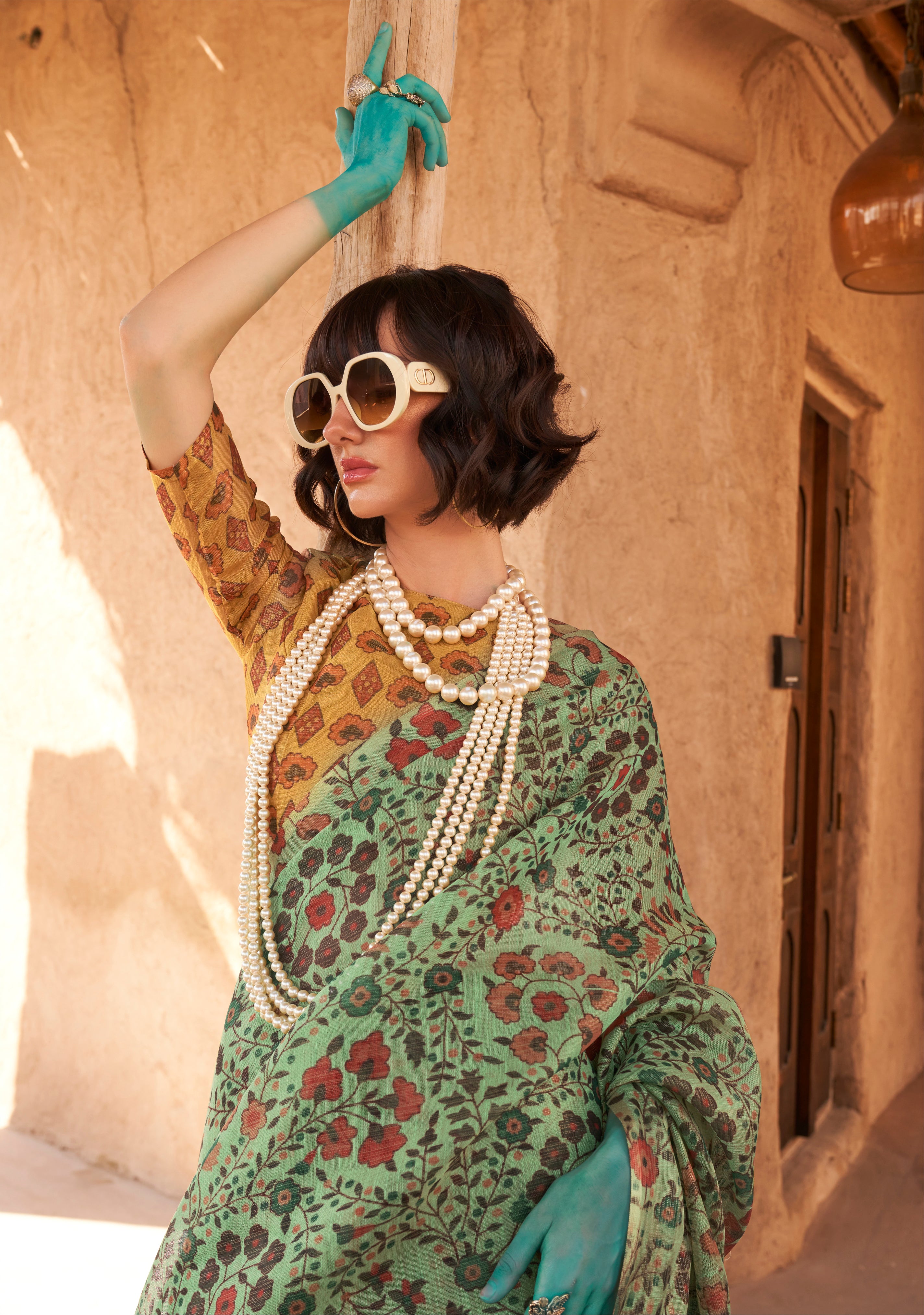 Pista Green Handloom Silk Saree With Printed