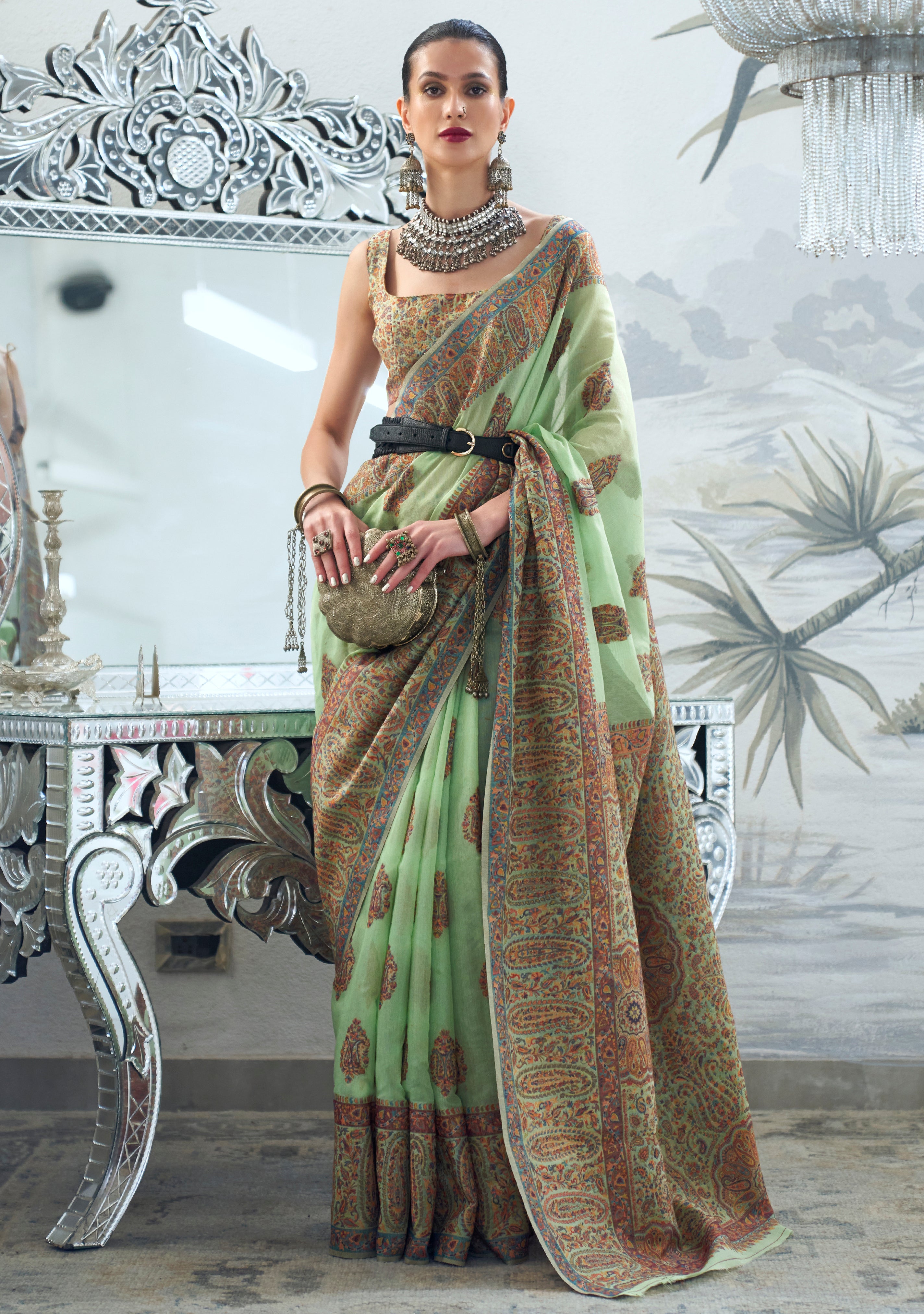 Pista Green Kashmiri Silk Saree with Woven Work