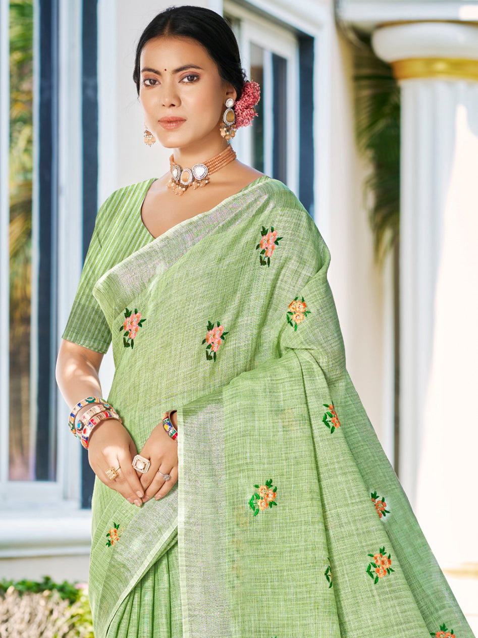 Pista Green Linen Saree With Understated Luxury and Comfort
