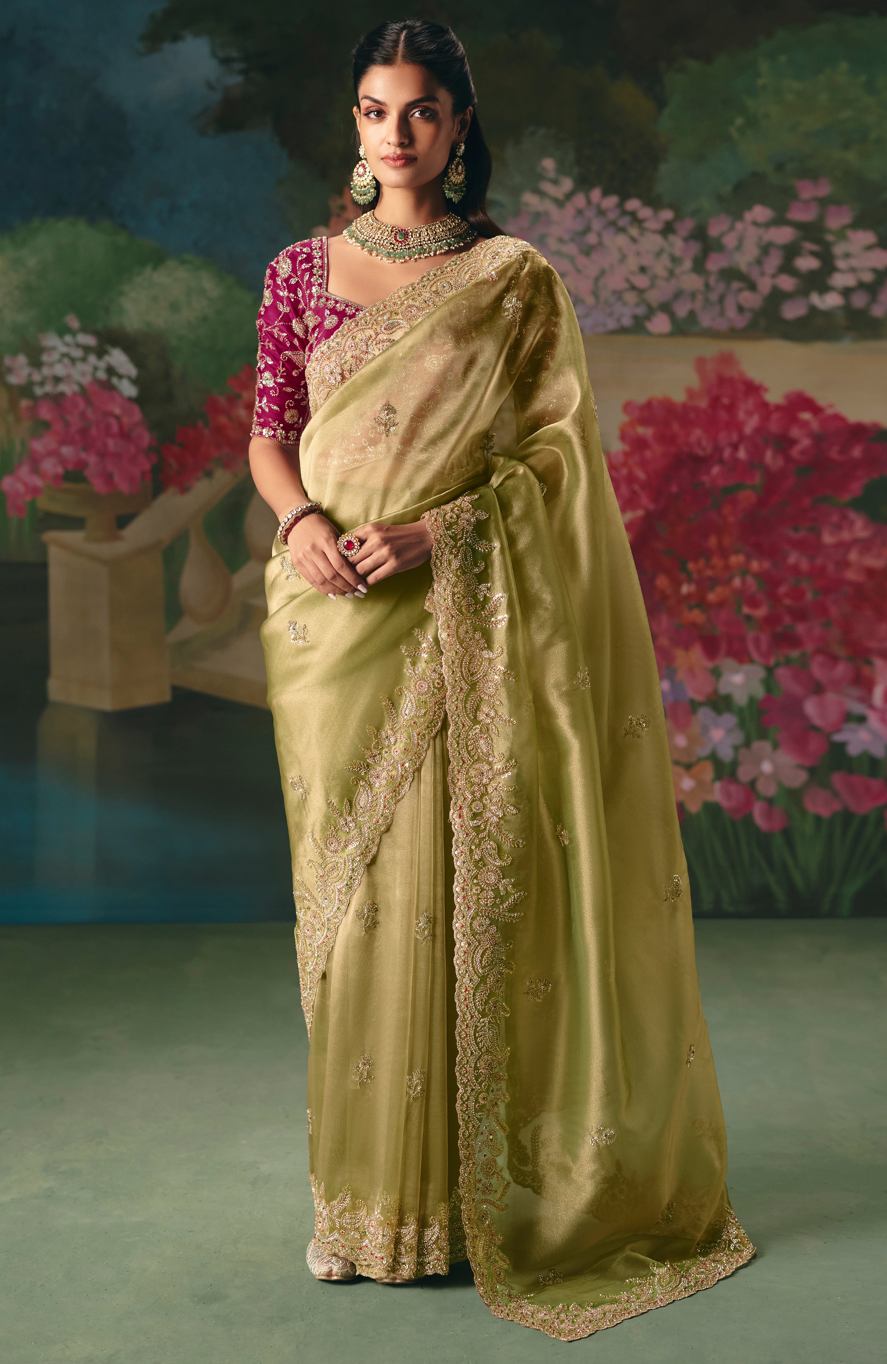 Pista Green Saree With Heavy Designer Embroidery, Sequince, Stone, With Beads Work