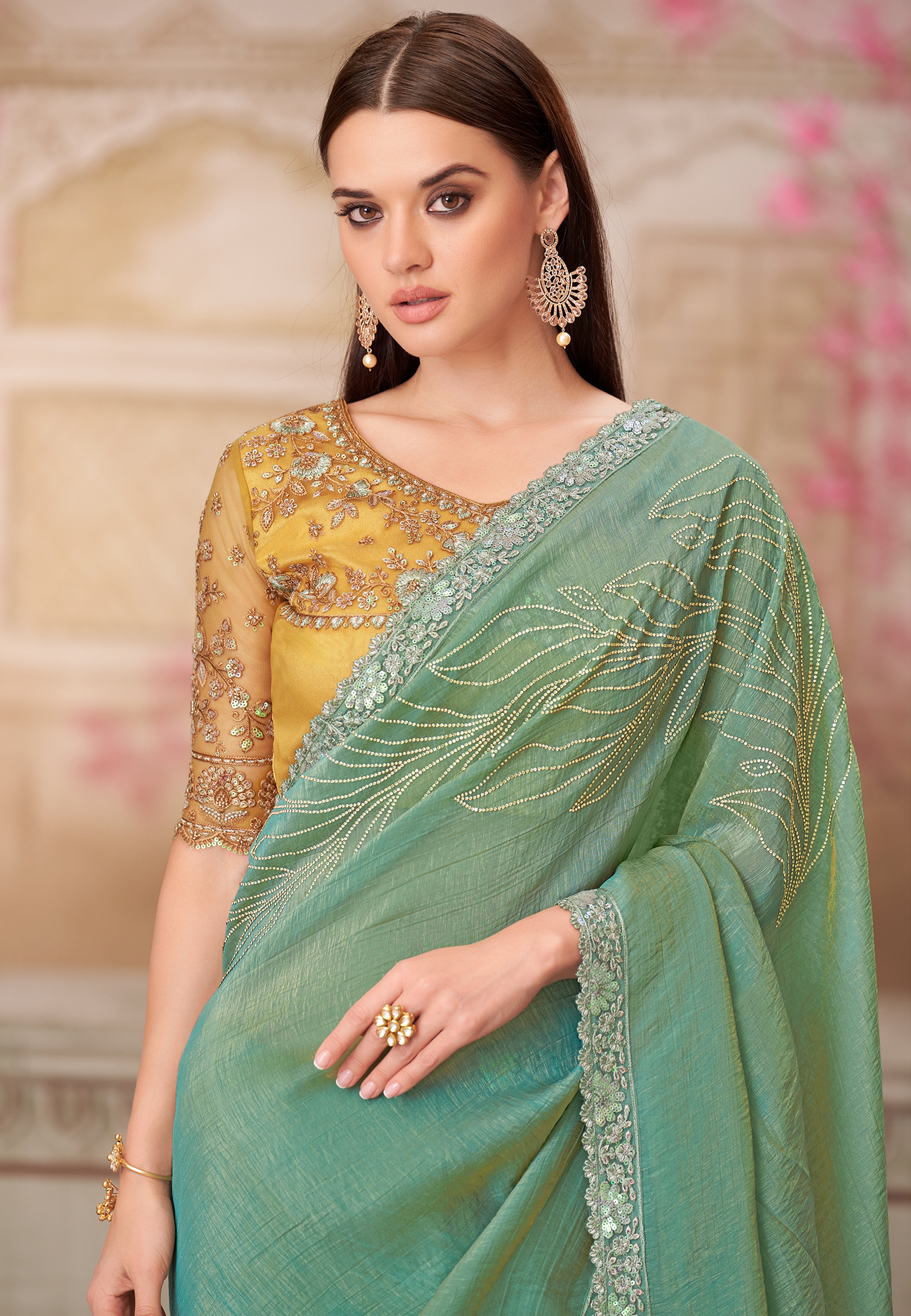 Pista Green Saree With Heavy Thread Embroidery, Stone Sequins Border Work With Embroidery Blouse