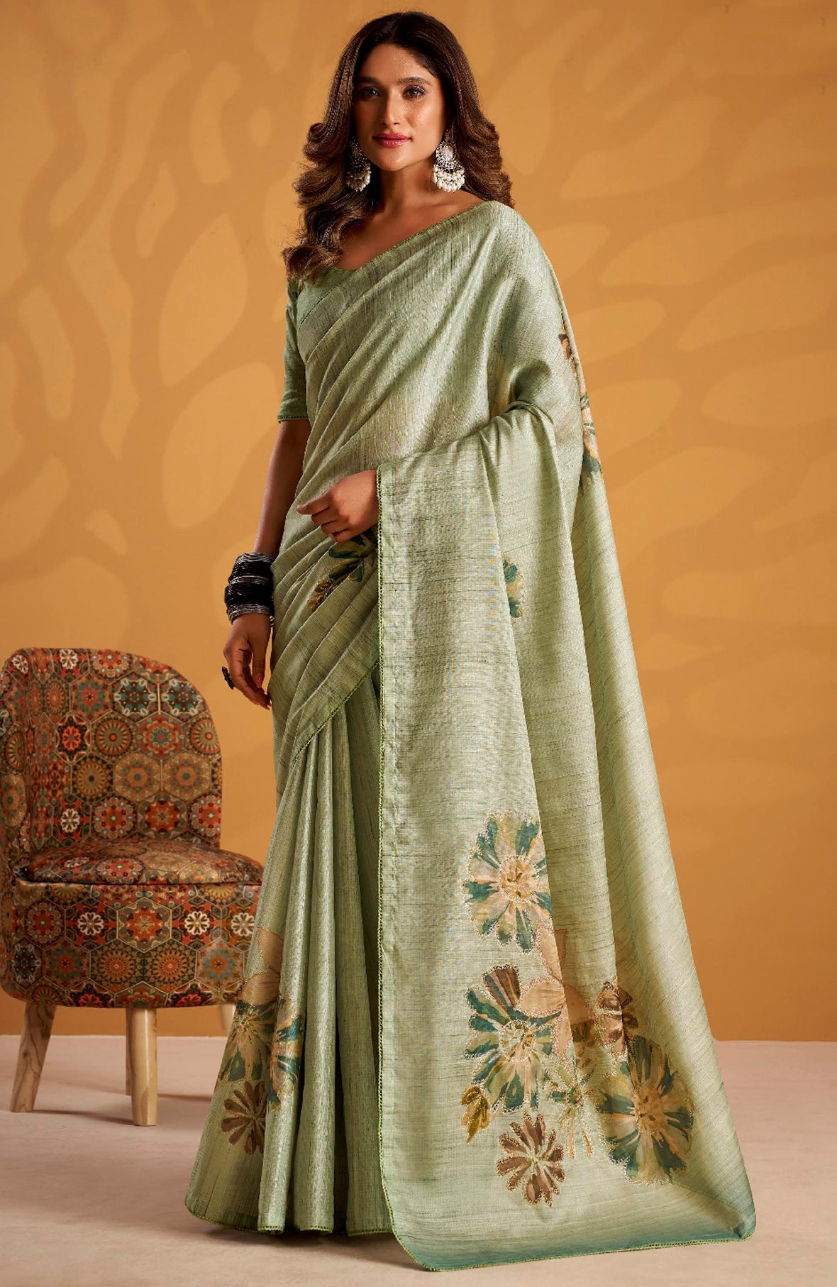 Pista Green Saree With Printed With Kasheeda work