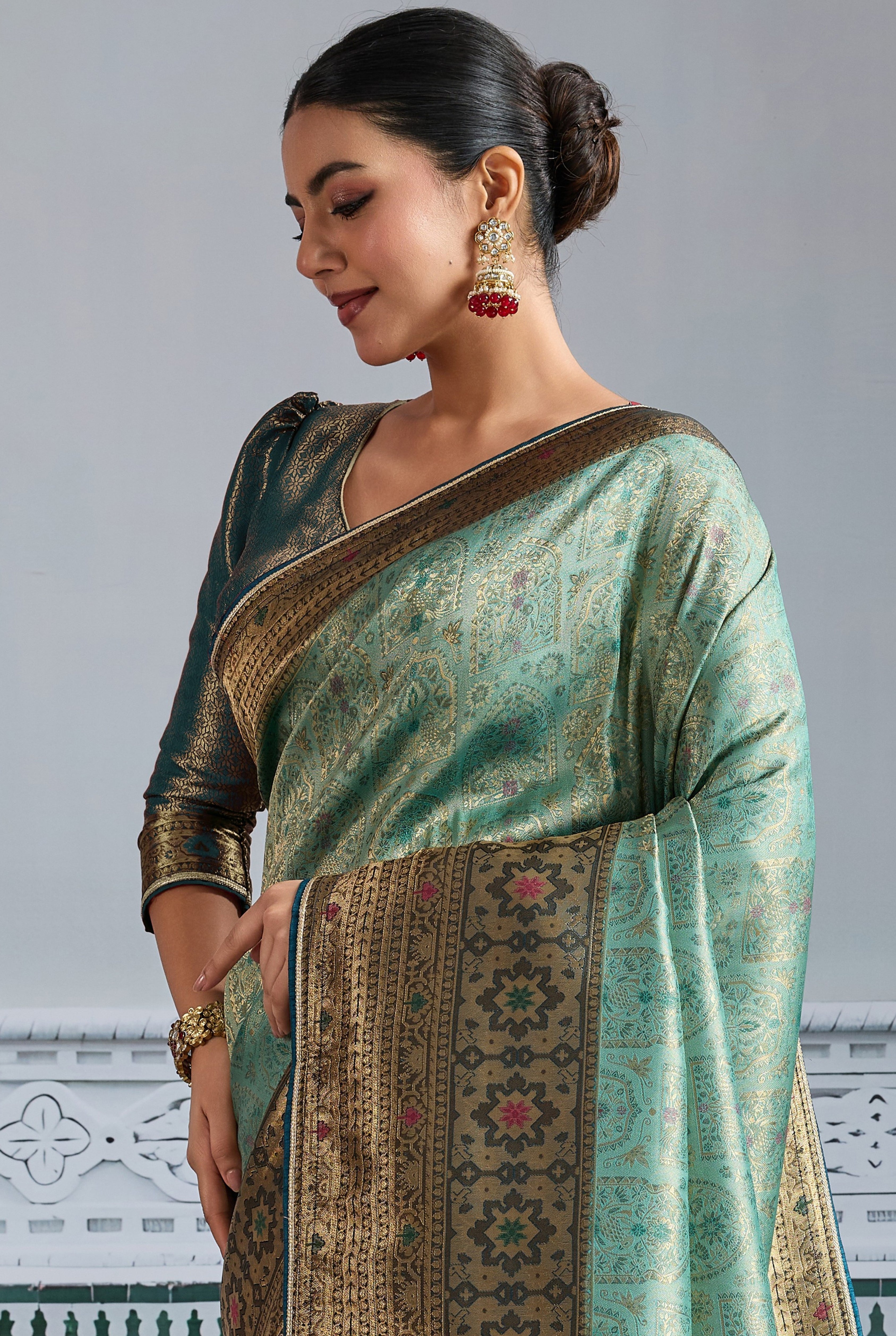 Pista Green Saree With Zari Meenakari Woven all over the saree With Broad & Intricate Patta, Exquisite Grand Pallu