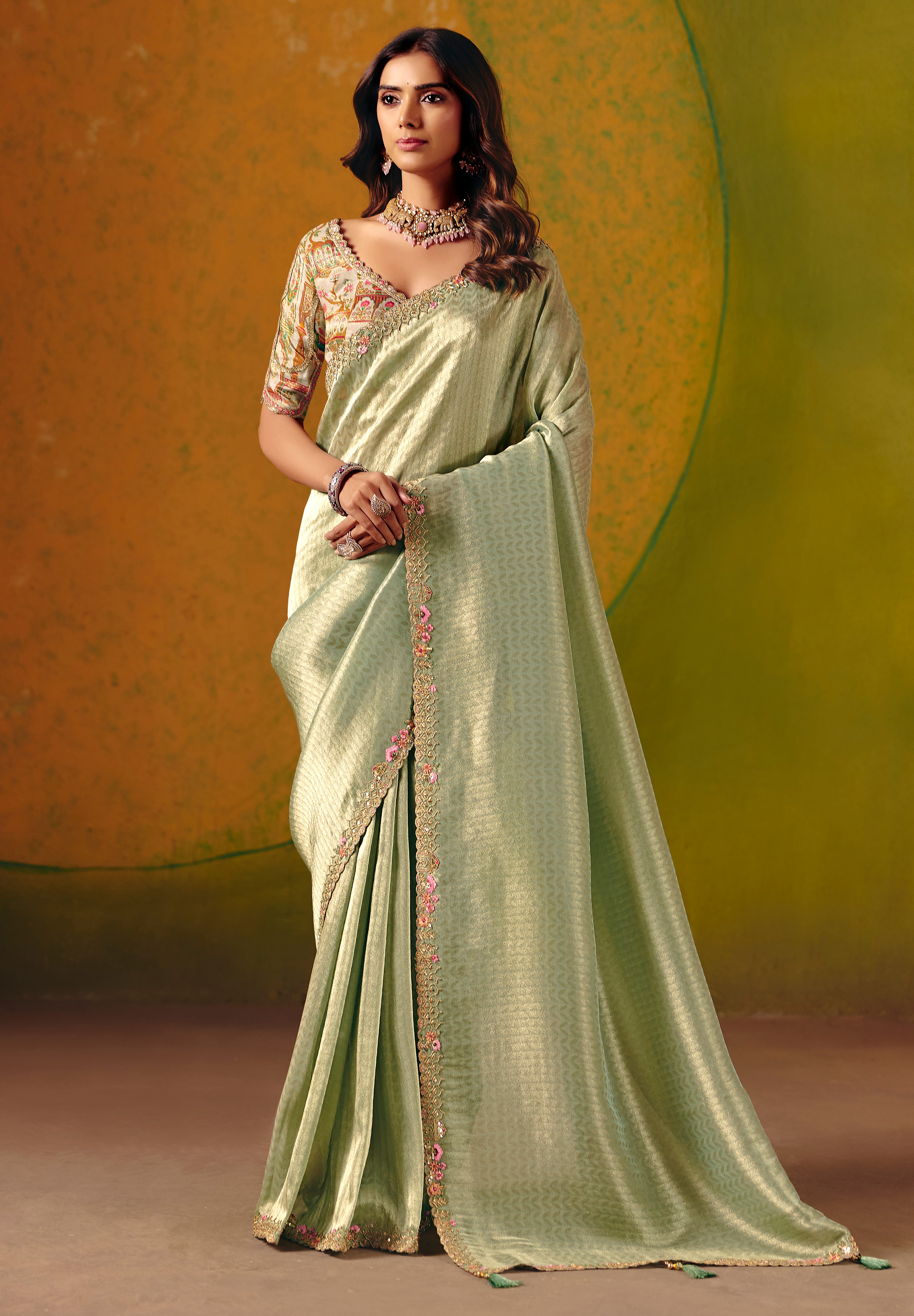 Pista Green Saree With Zari Weaving With Fancy Work Border