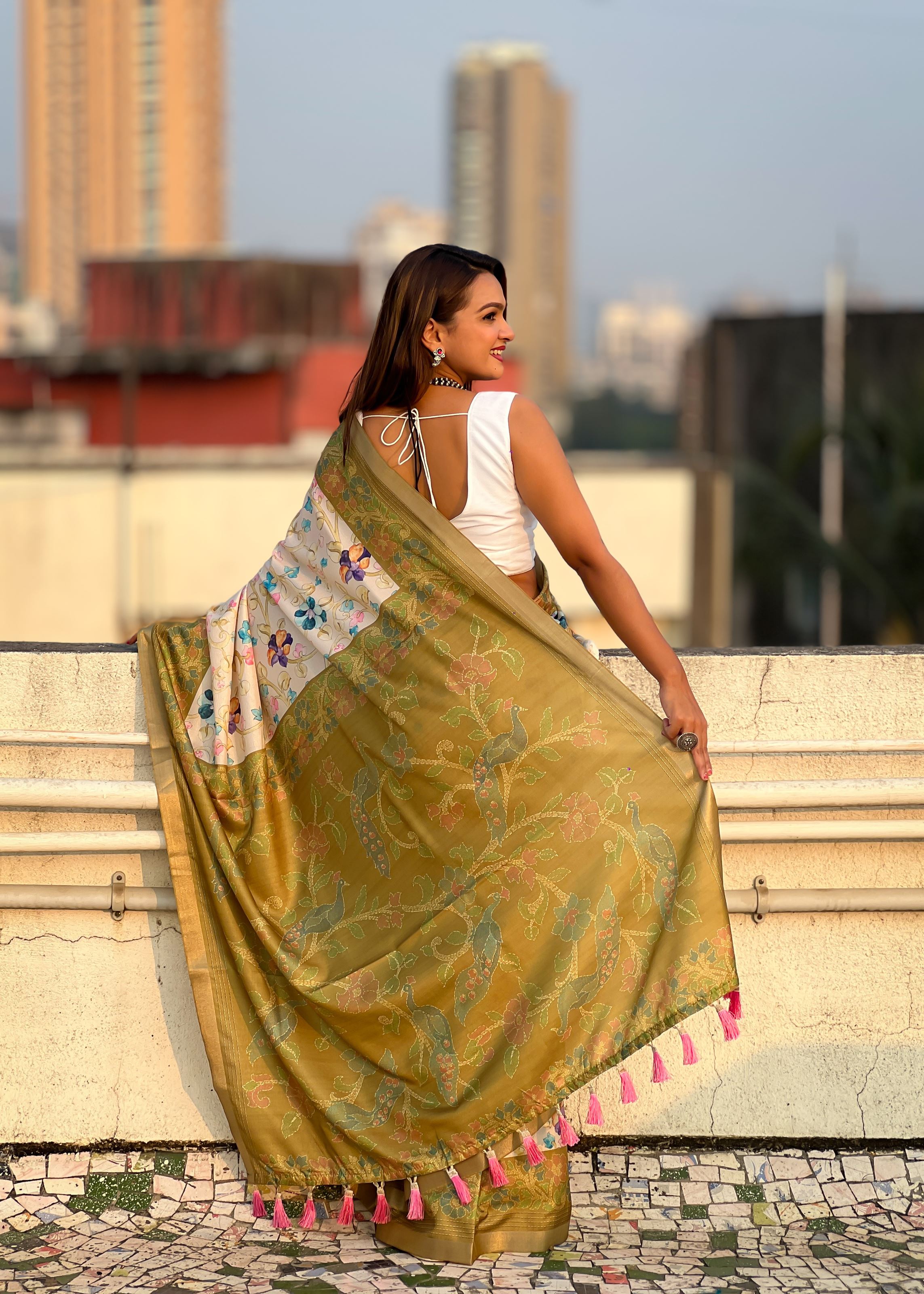 Pista Green Silk Blend Kalamkari Printed Saree