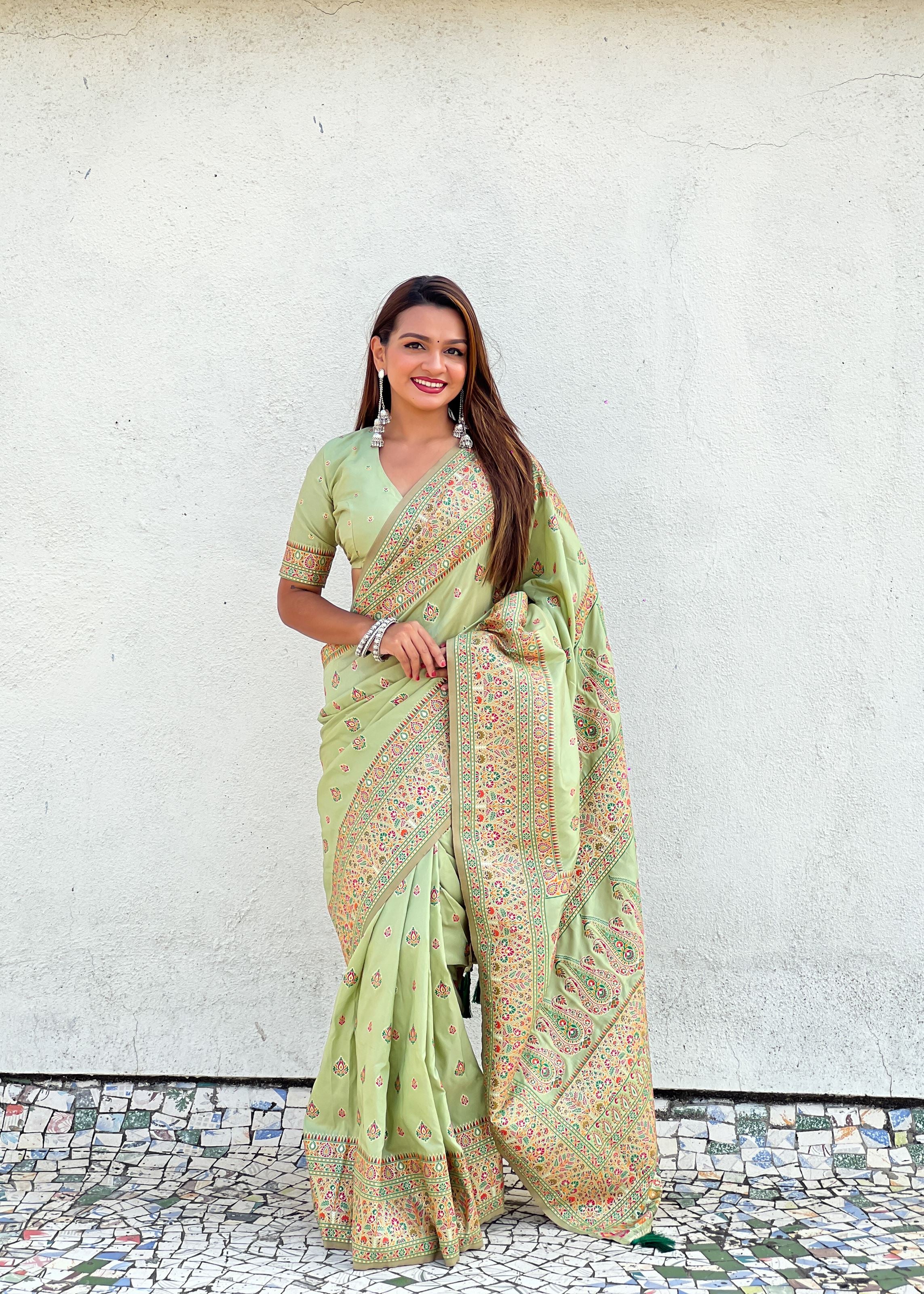 Pista Green Silk Blend Saree With Meenakari Kashmiri woven Work