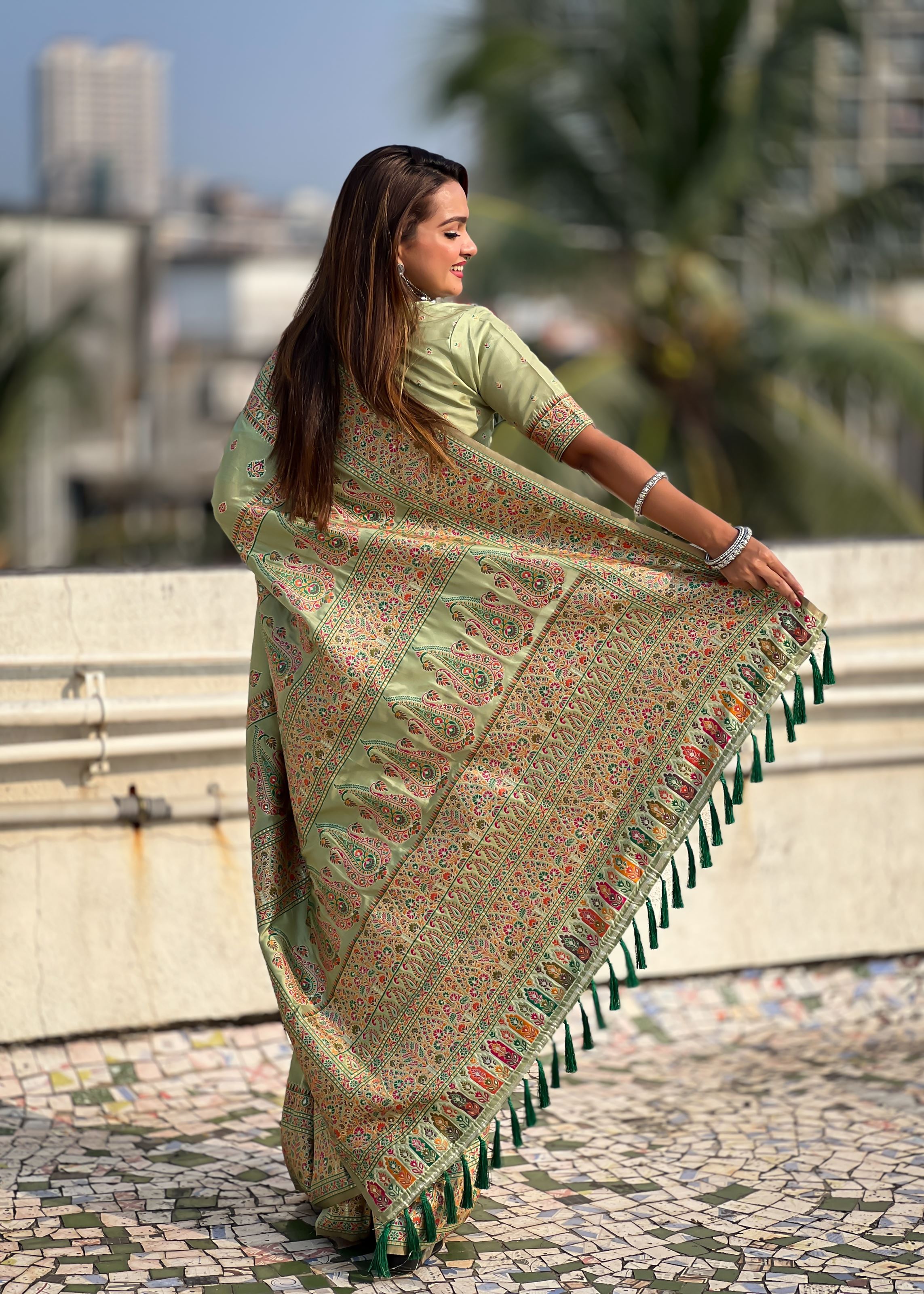 Pista Green Silk Blend Saree With Meenakari Kashmiri woven Work