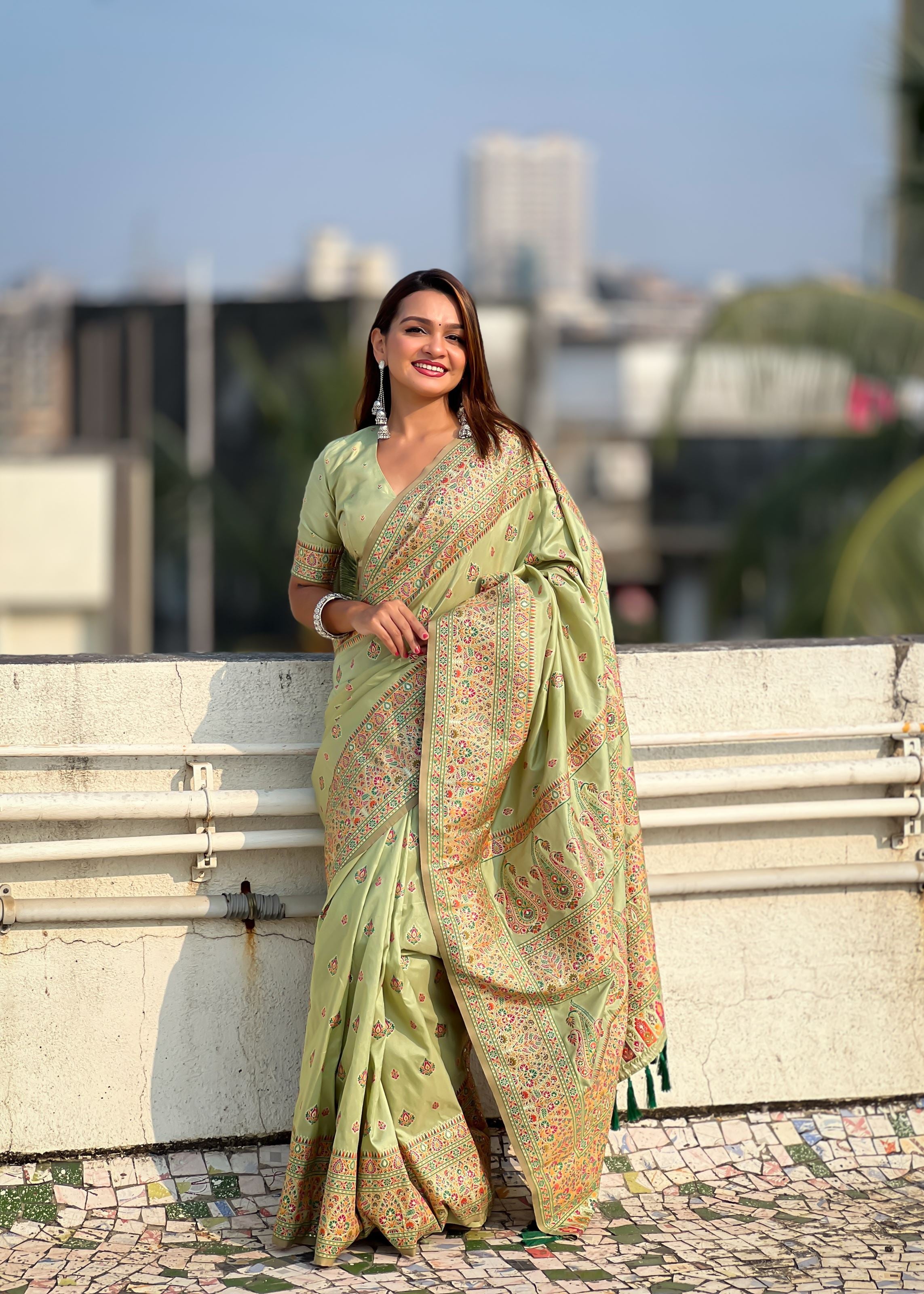 Pista Green Silk Blend Saree With Meenakari Kashmiri woven Work