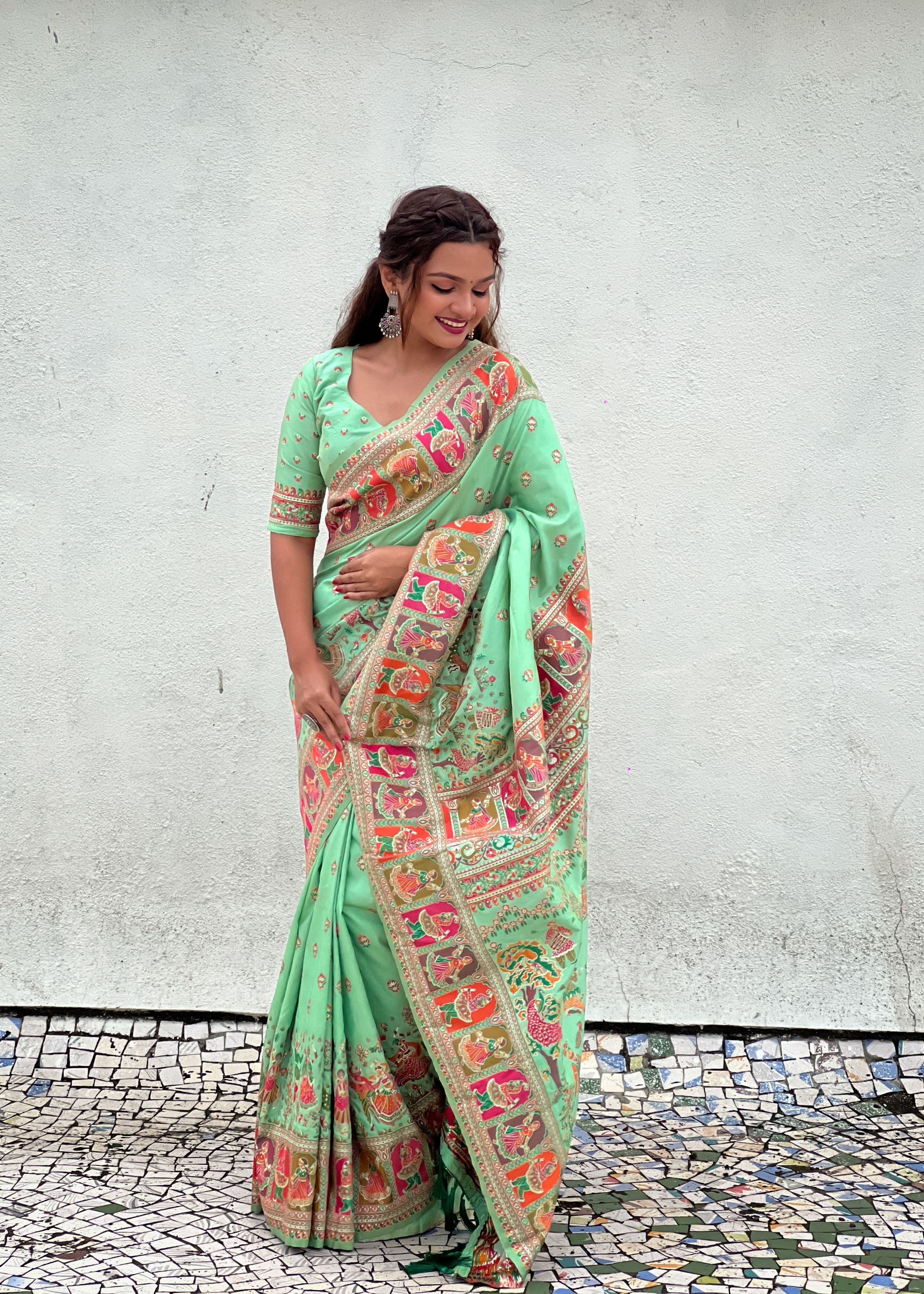 Pista Green Silk Blend Saree With Meenakari Kashmiri woven Work