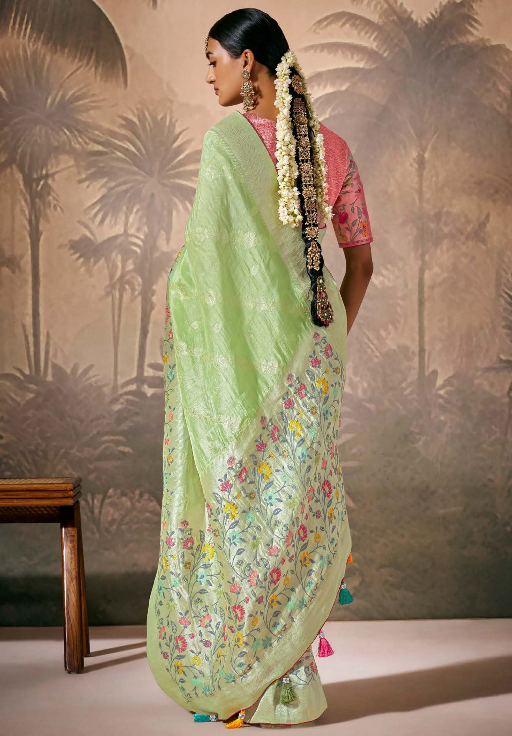 Pista Green Silk Saree With Jacquard Woven