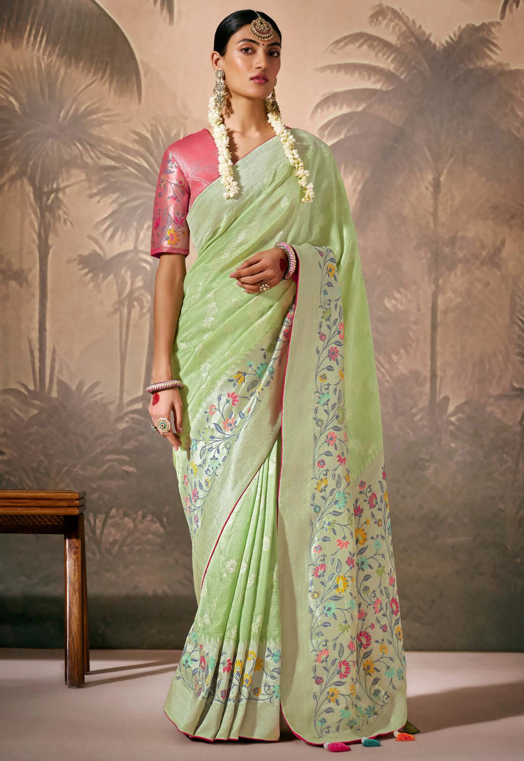 Pista Green Silk Saree With Jacquard Woven