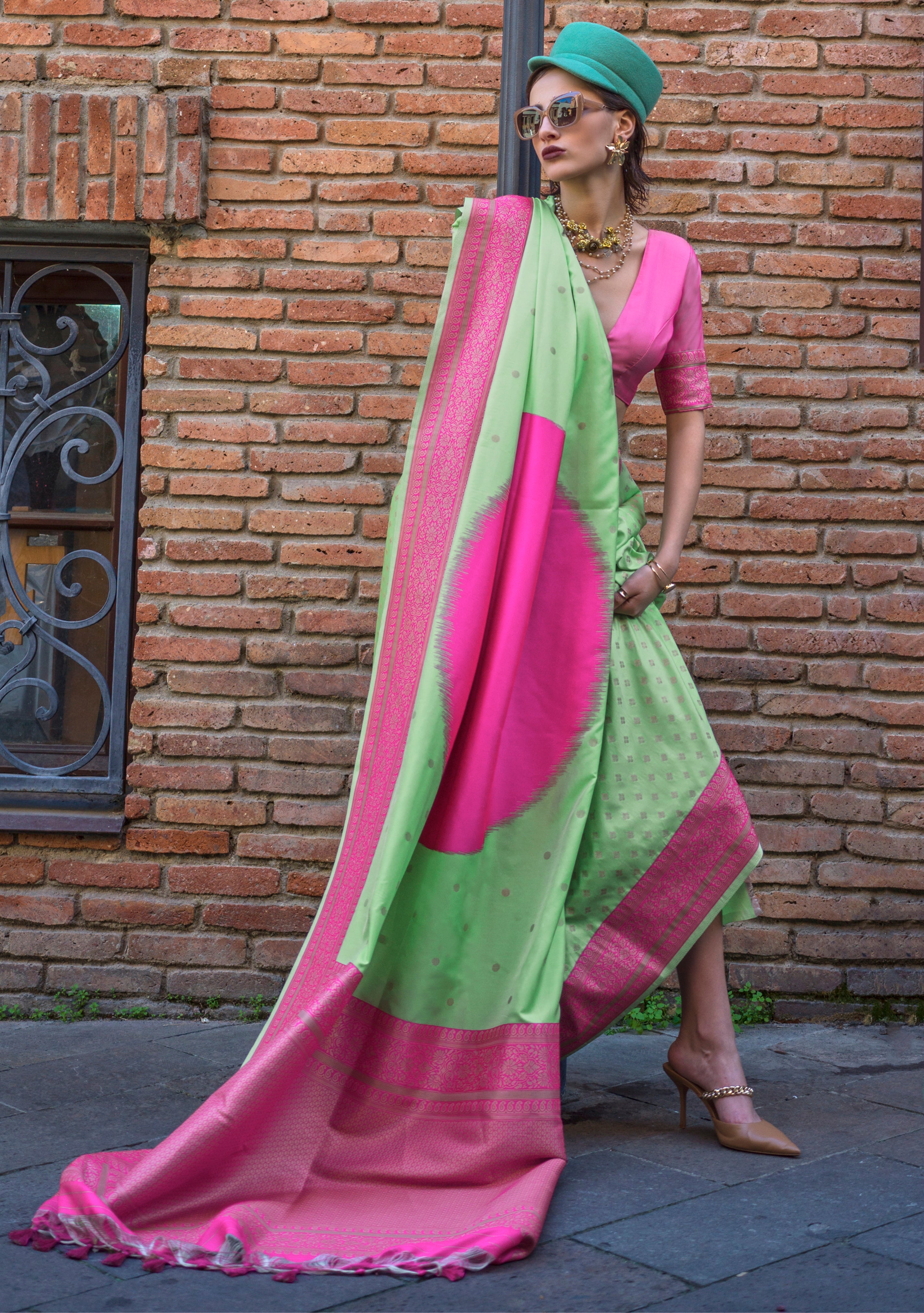Pista Green Silk Saree with Jacquard Woven Work