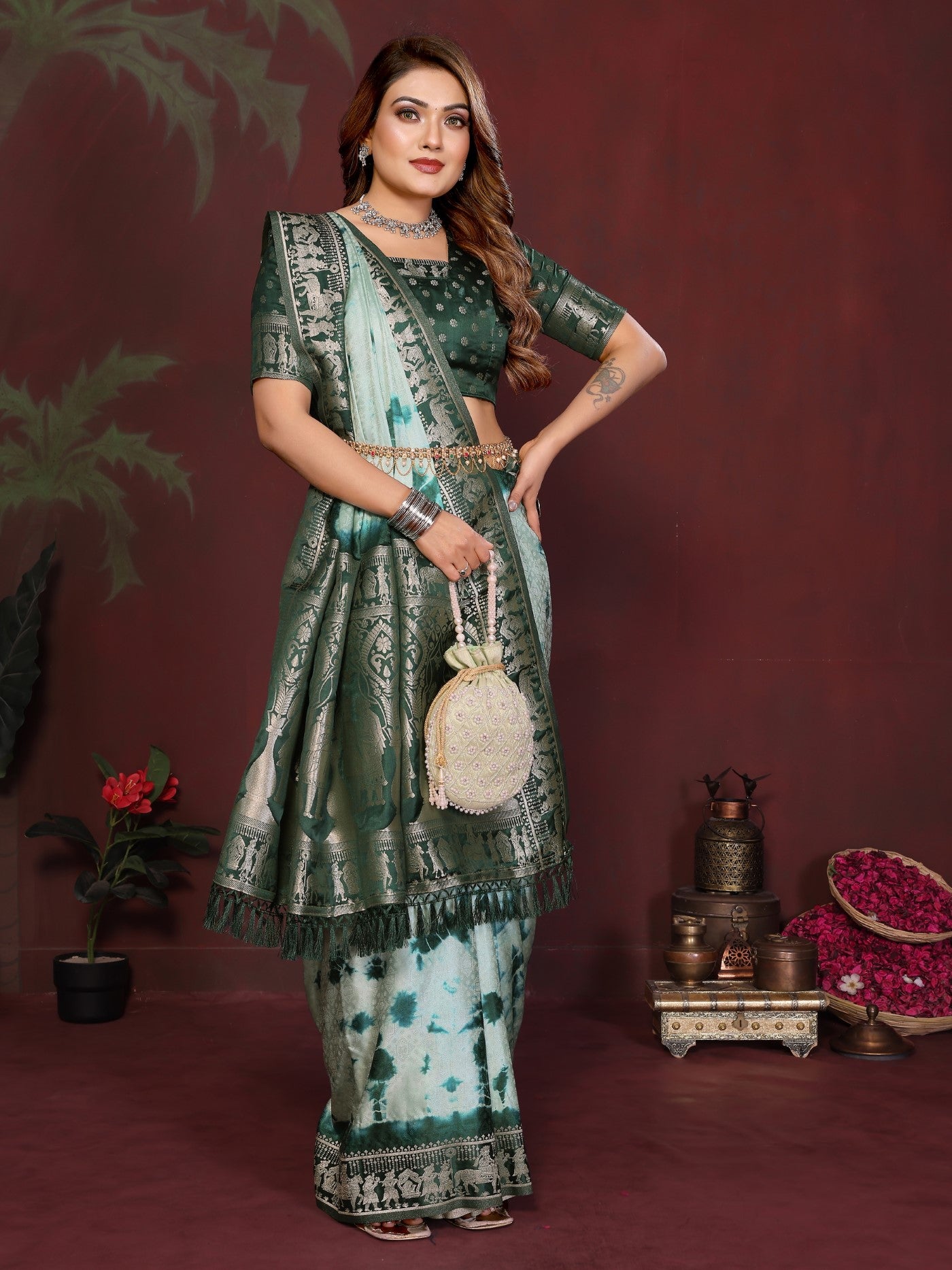 Pista Green Soft Satin Silk Saree With Classic Sibory Zari Weaving
