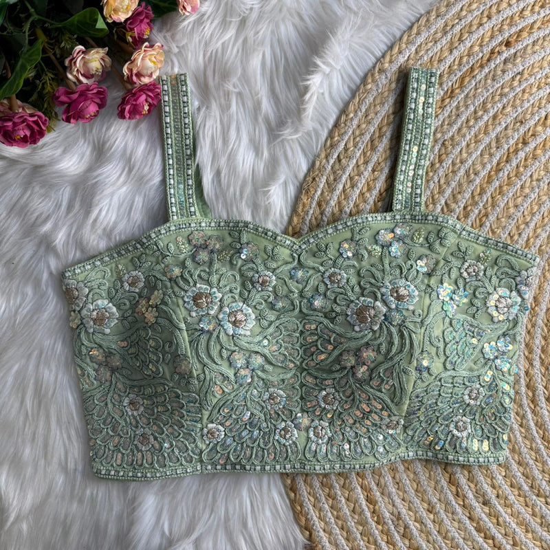 Pista Green Womens Spaghetti Western Designer Blouse Fox Georgette Embroidered & Sequins Partywear