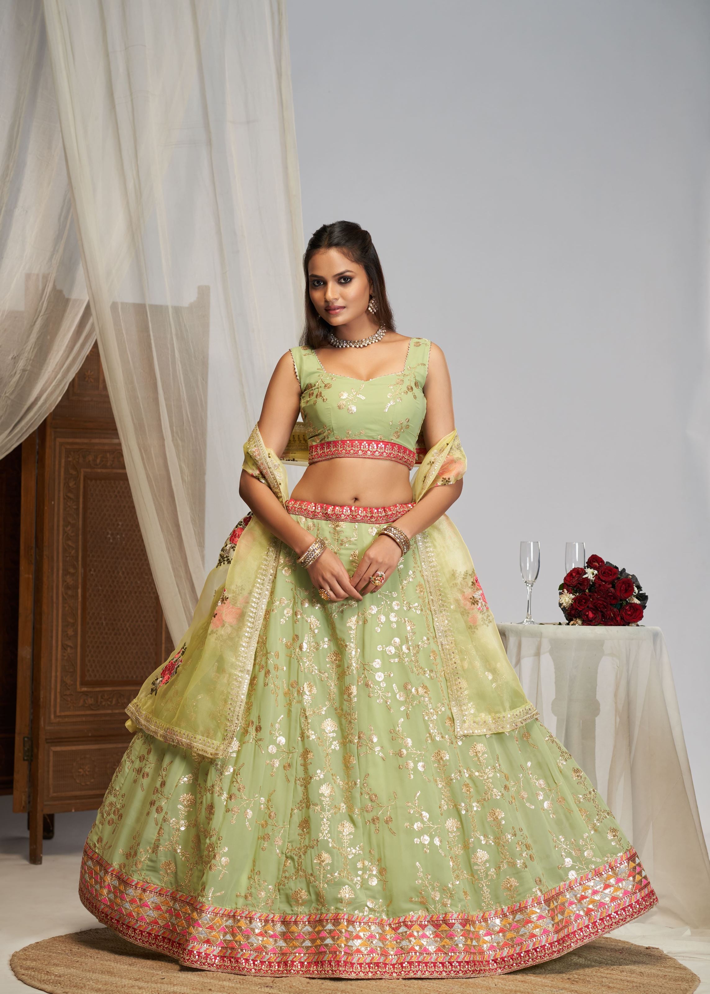 Pista Green Zari Thread Sequence Embroidery Work Lehenga Choli