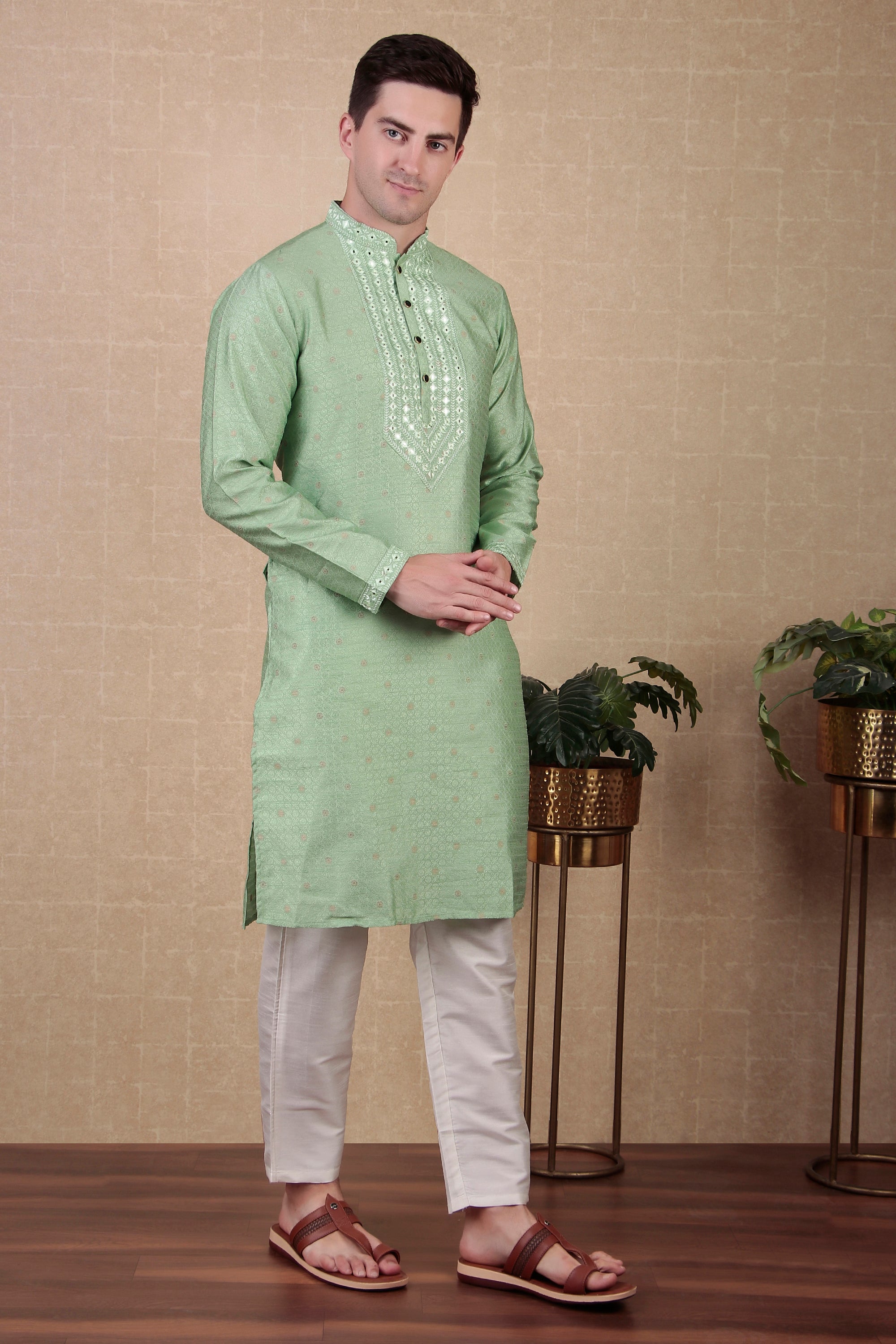 Pista Jacquard Silk Kurta Payjama – Soft and Refreshing