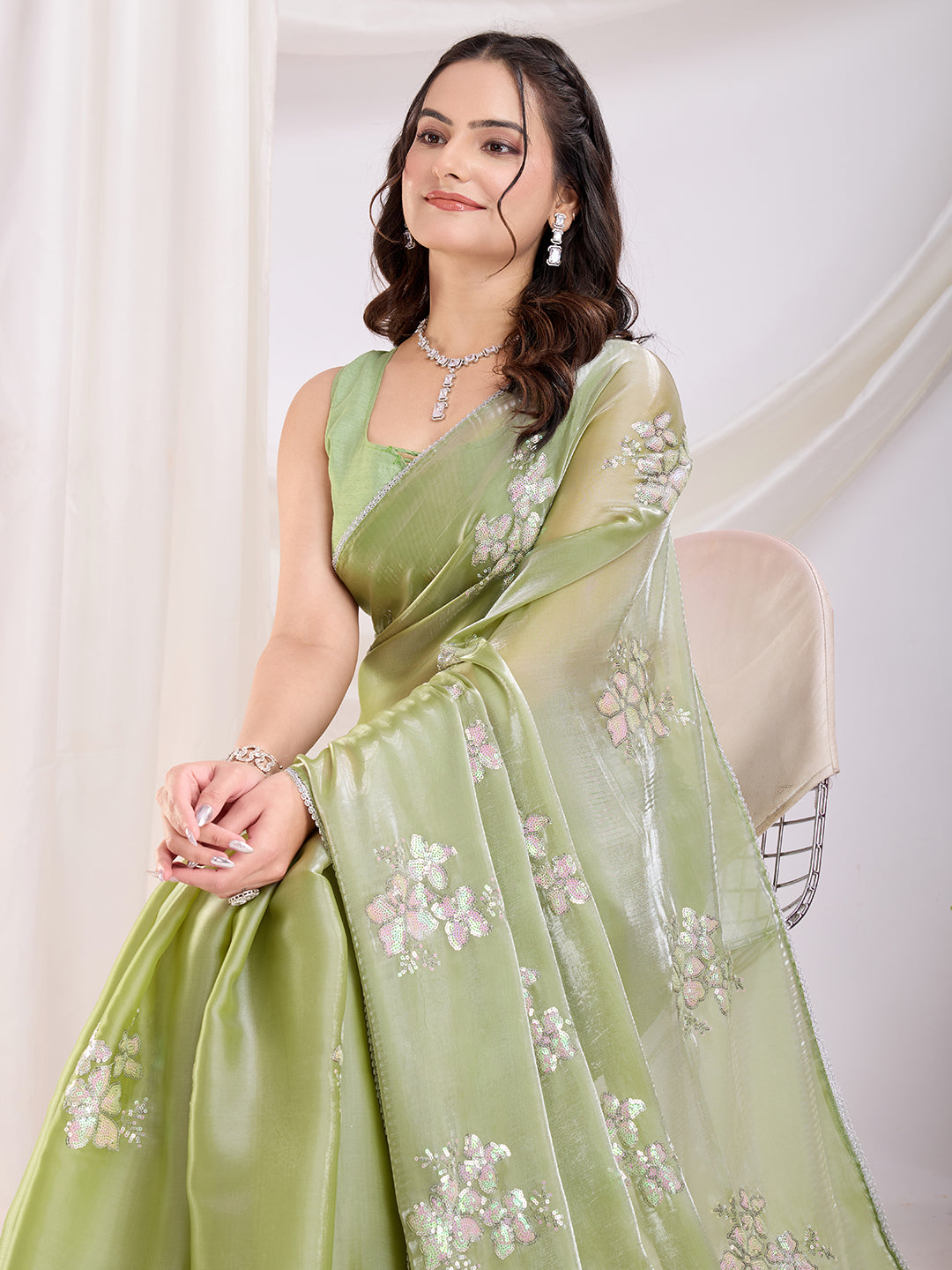 Pista Jimmi Choo Sequins Embroidery Work Ethnic Party Saree