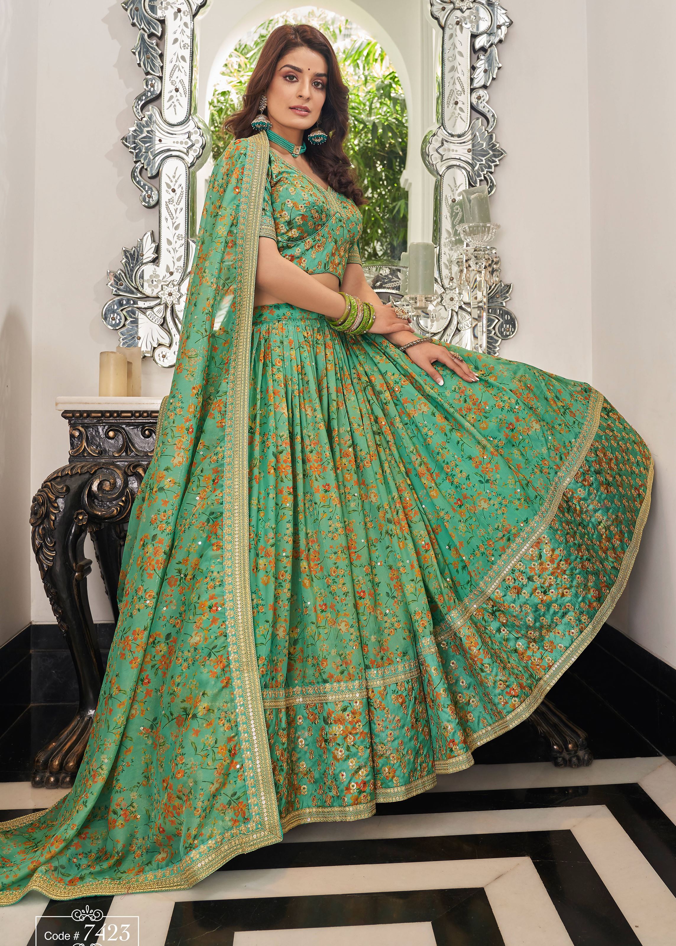 Pista Lehenga Choli With Thread, Zari, Dori And Sequins Embroidery Work