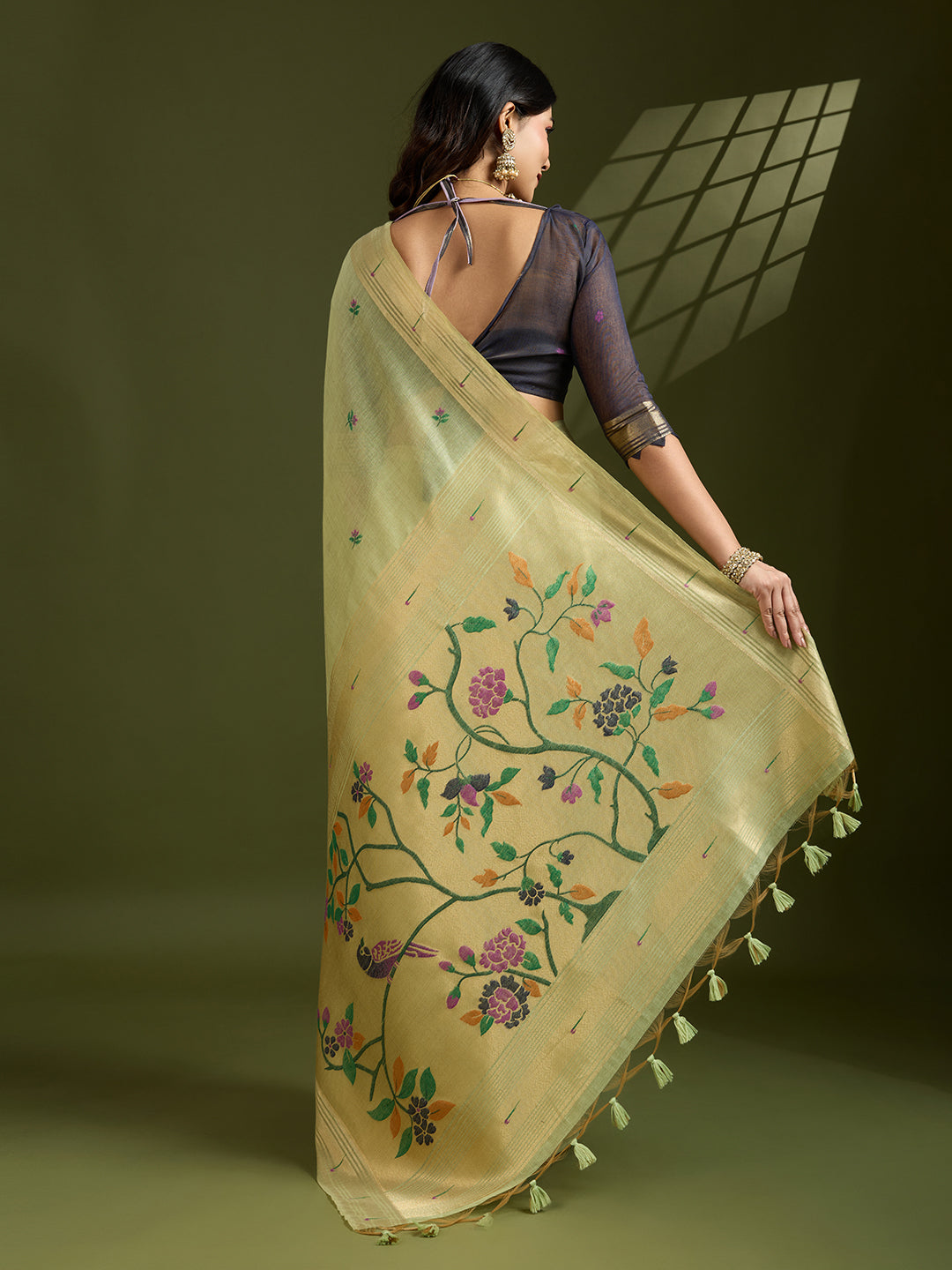 Pista Muga Cotton Saree with Flower Butti and Paithani Pallu