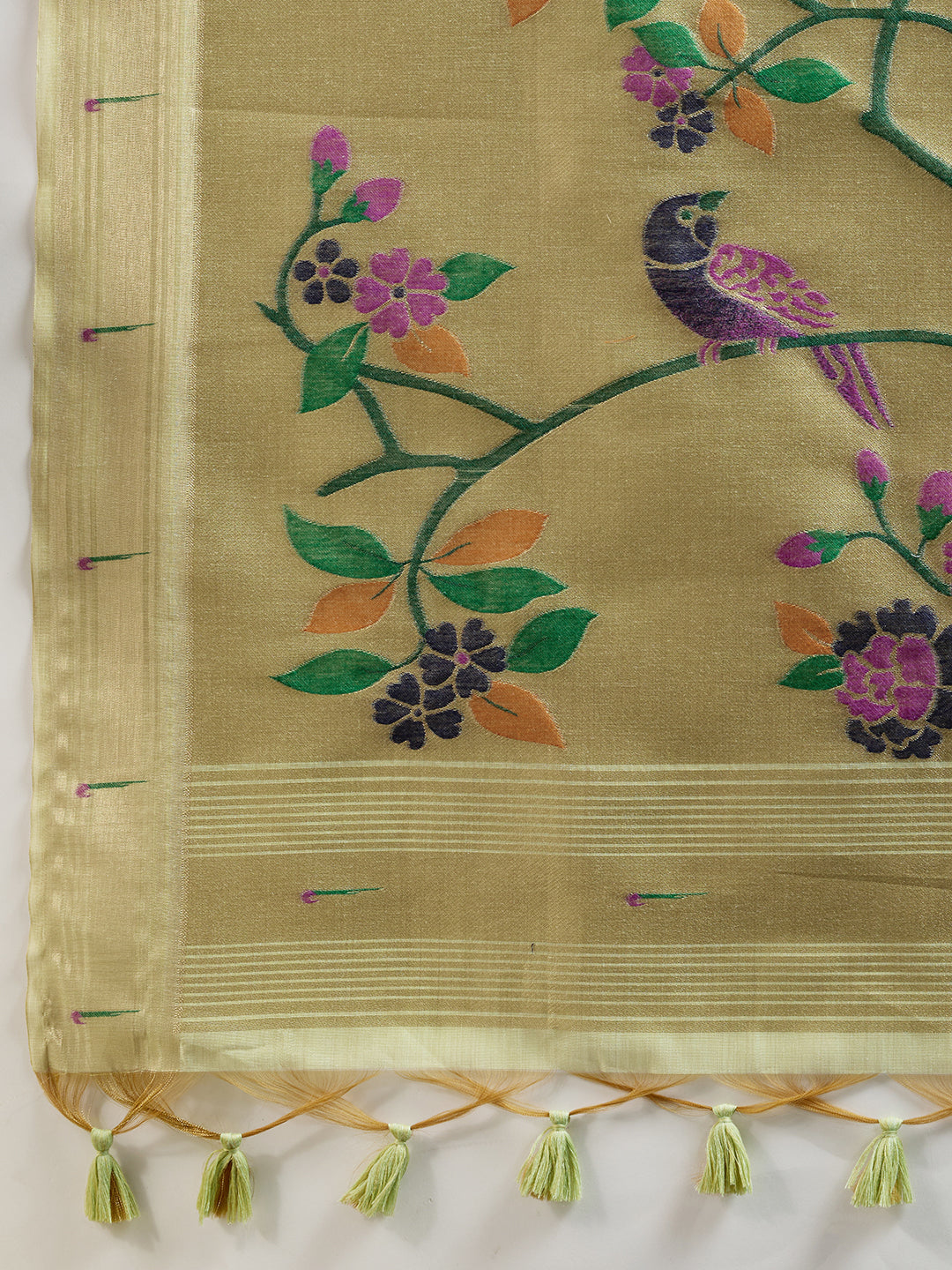 Pista Muga Cotton Saree with Flower Butti and Paithani Pallu