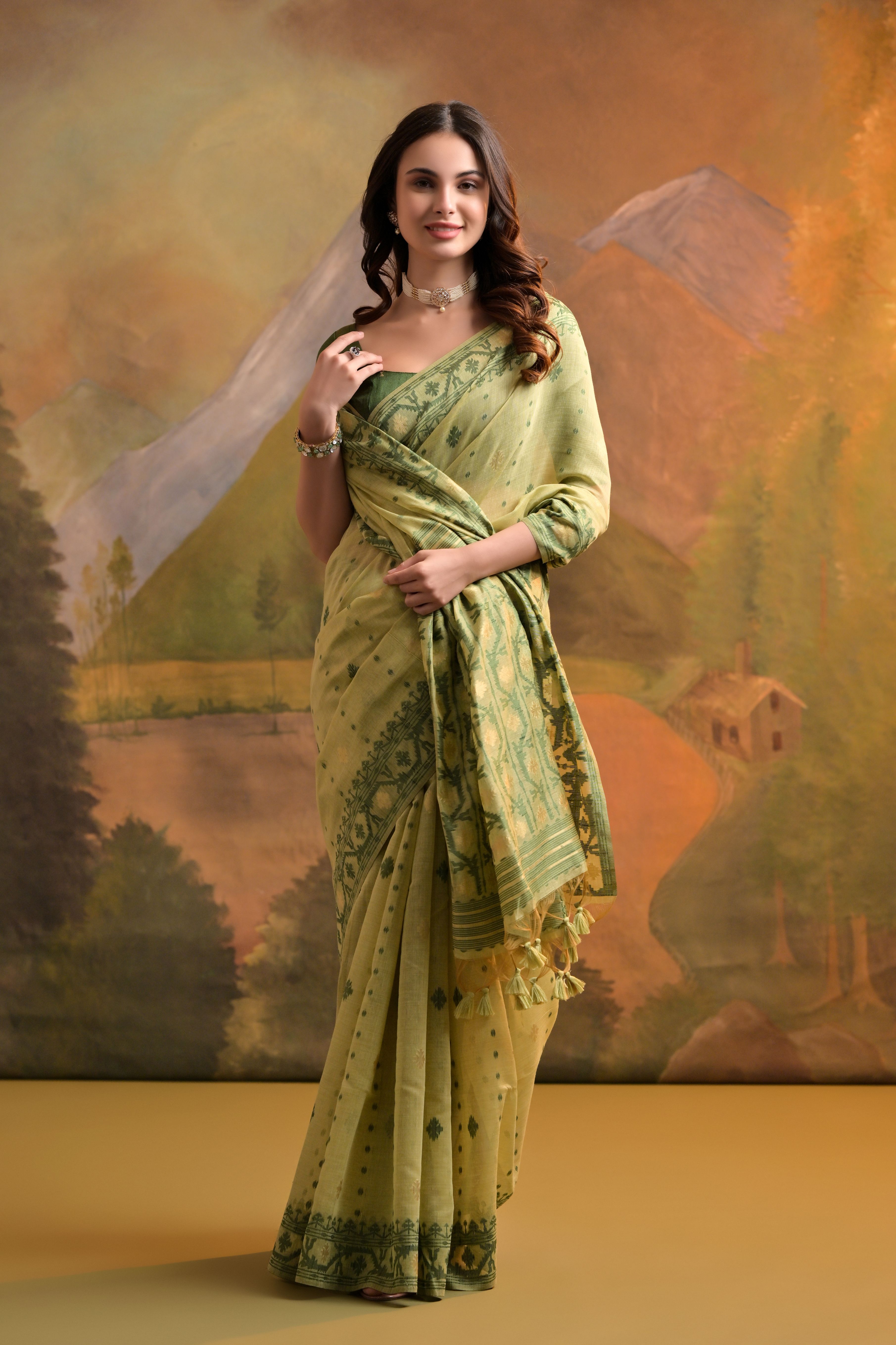 Pista Muga Cotton Saree with Thread Butti Weaves