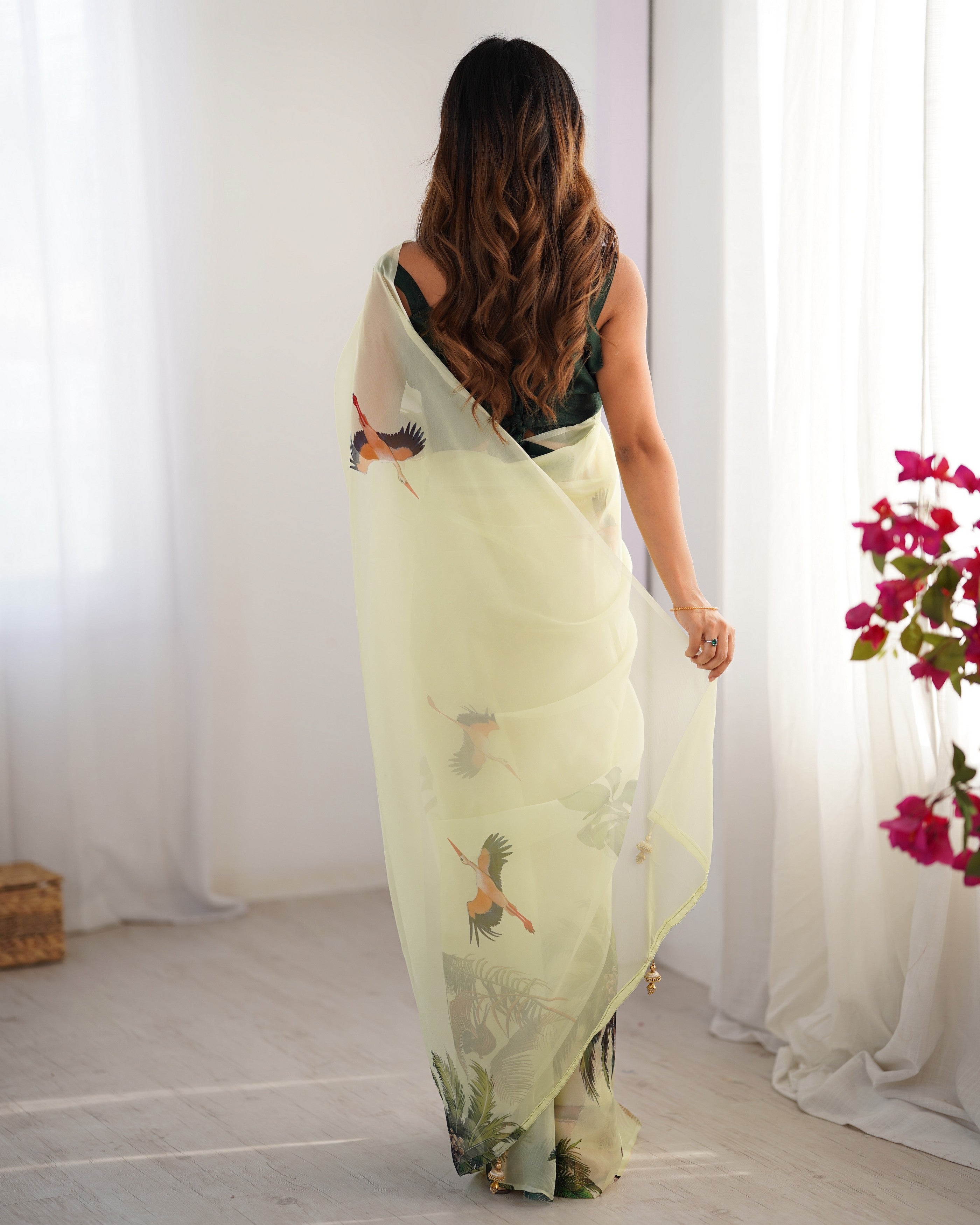 Pista Organza Designer Printed Fancy Partywear Saree