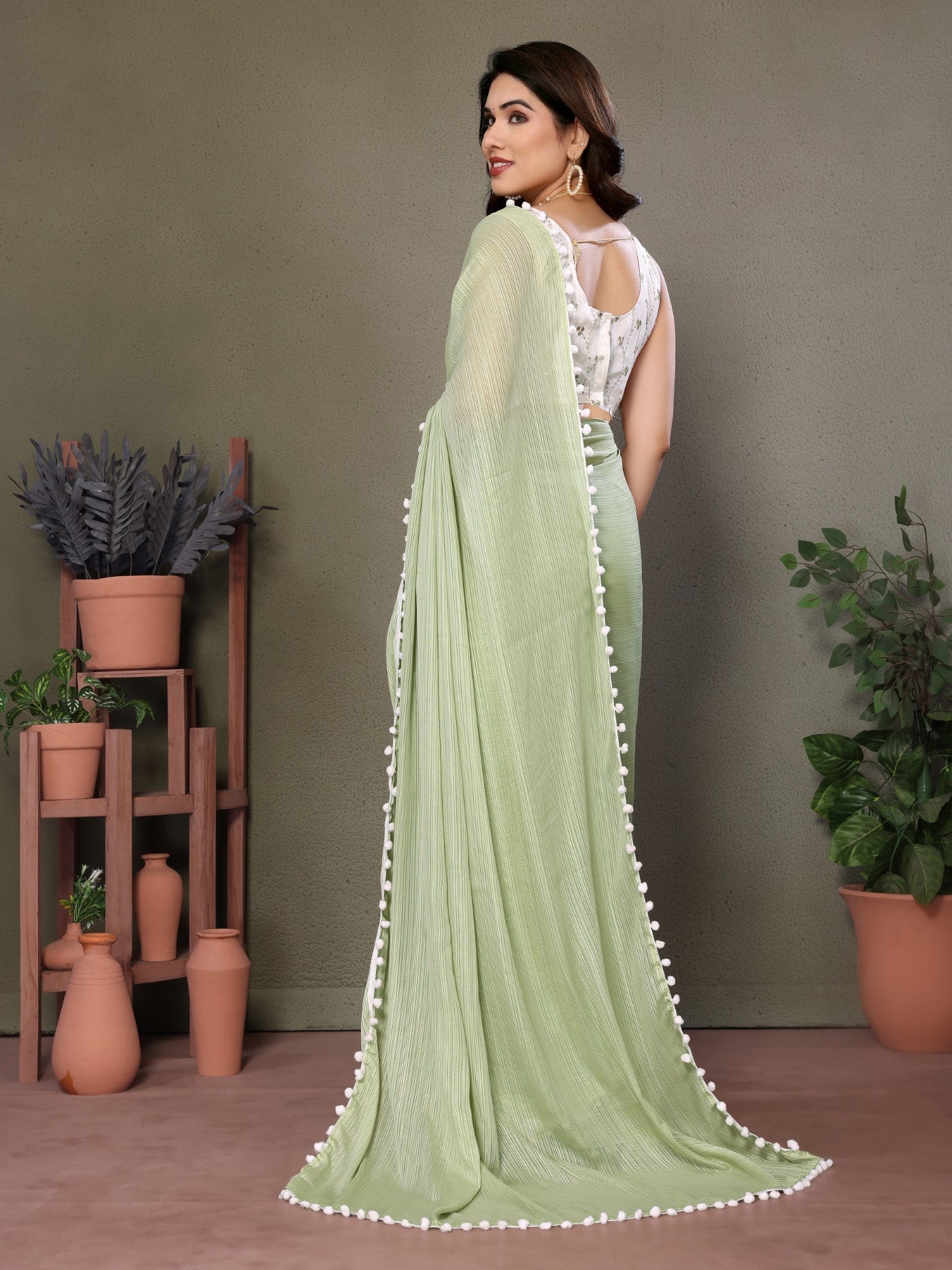 Pista Polyester Zari Saree With Plain Saree With Embroidery Work Blouse And Pum Pum Lace