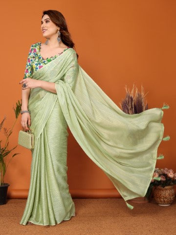 Pista Polyester Zari Saree With Plain Saree With Kalamkari Print Blouse