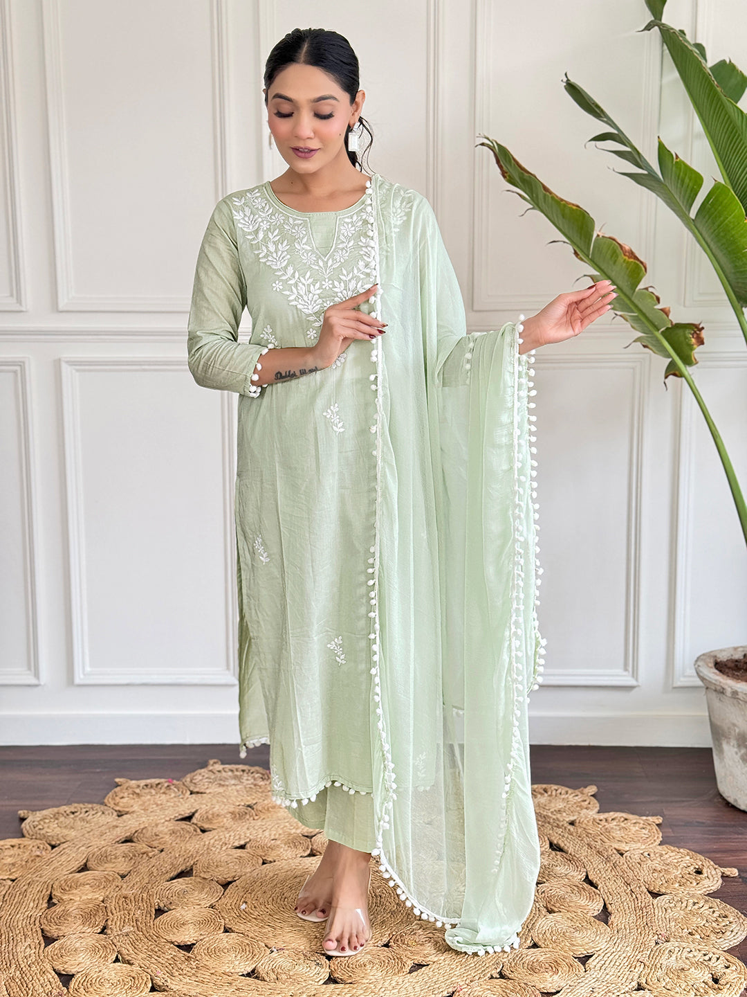 Pista Pure Cotton Elegant Kurta Pant Set With Chikankari Work