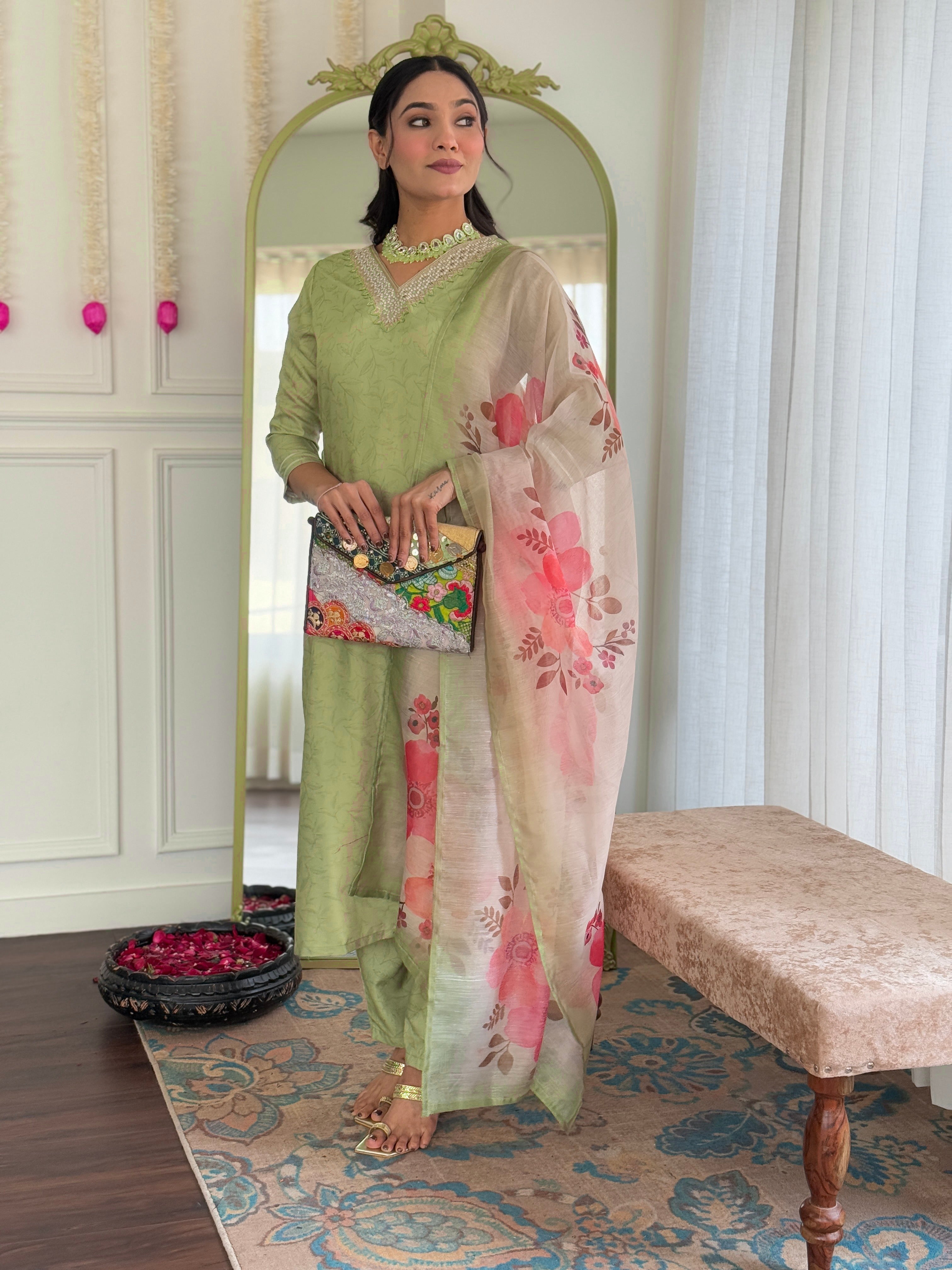 Pista Rayon Elegant Kurta Pant Set With Embroidery Work