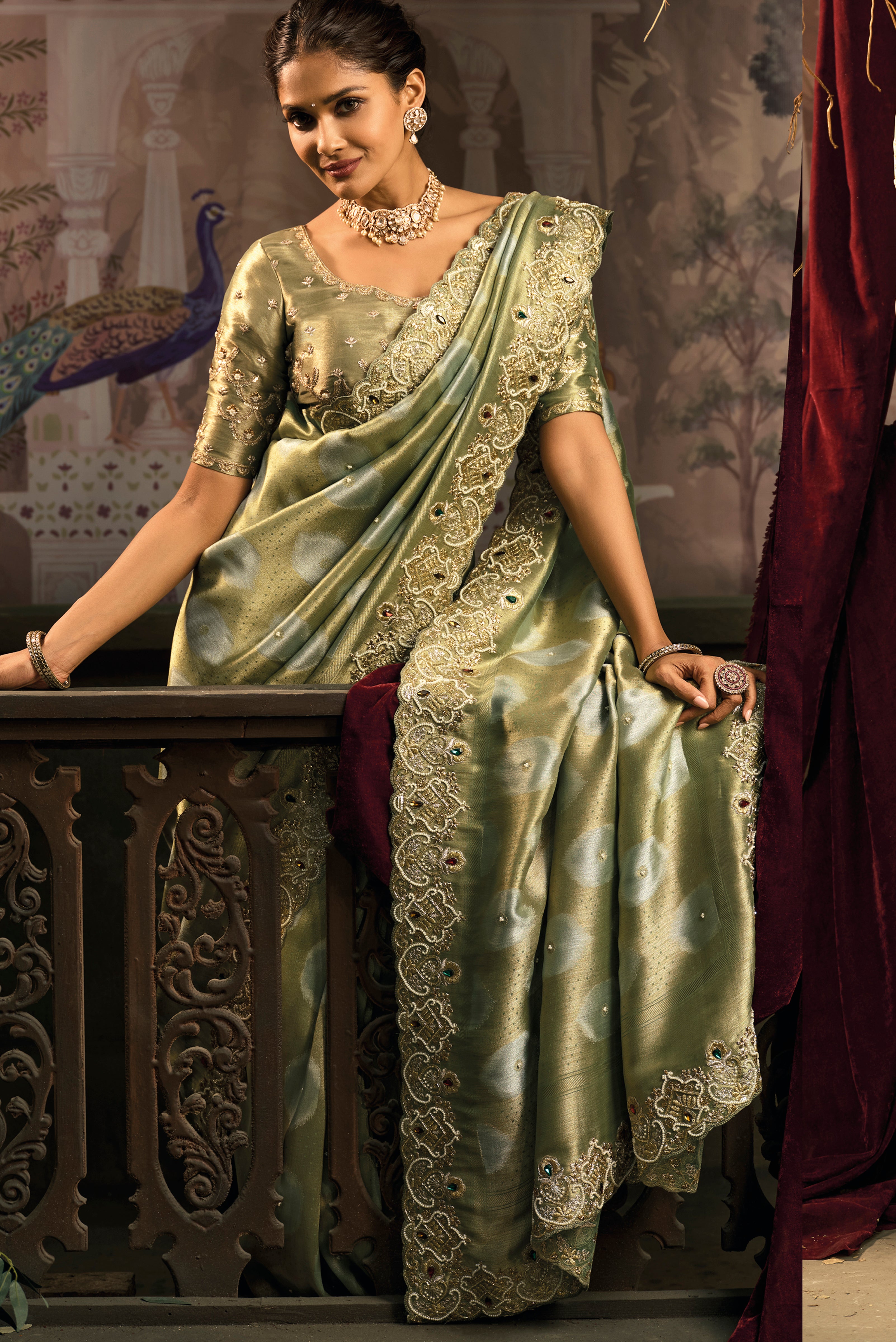 Pista Saree With Jari, Moti, Cut-Dana With Emerald Heavy Work