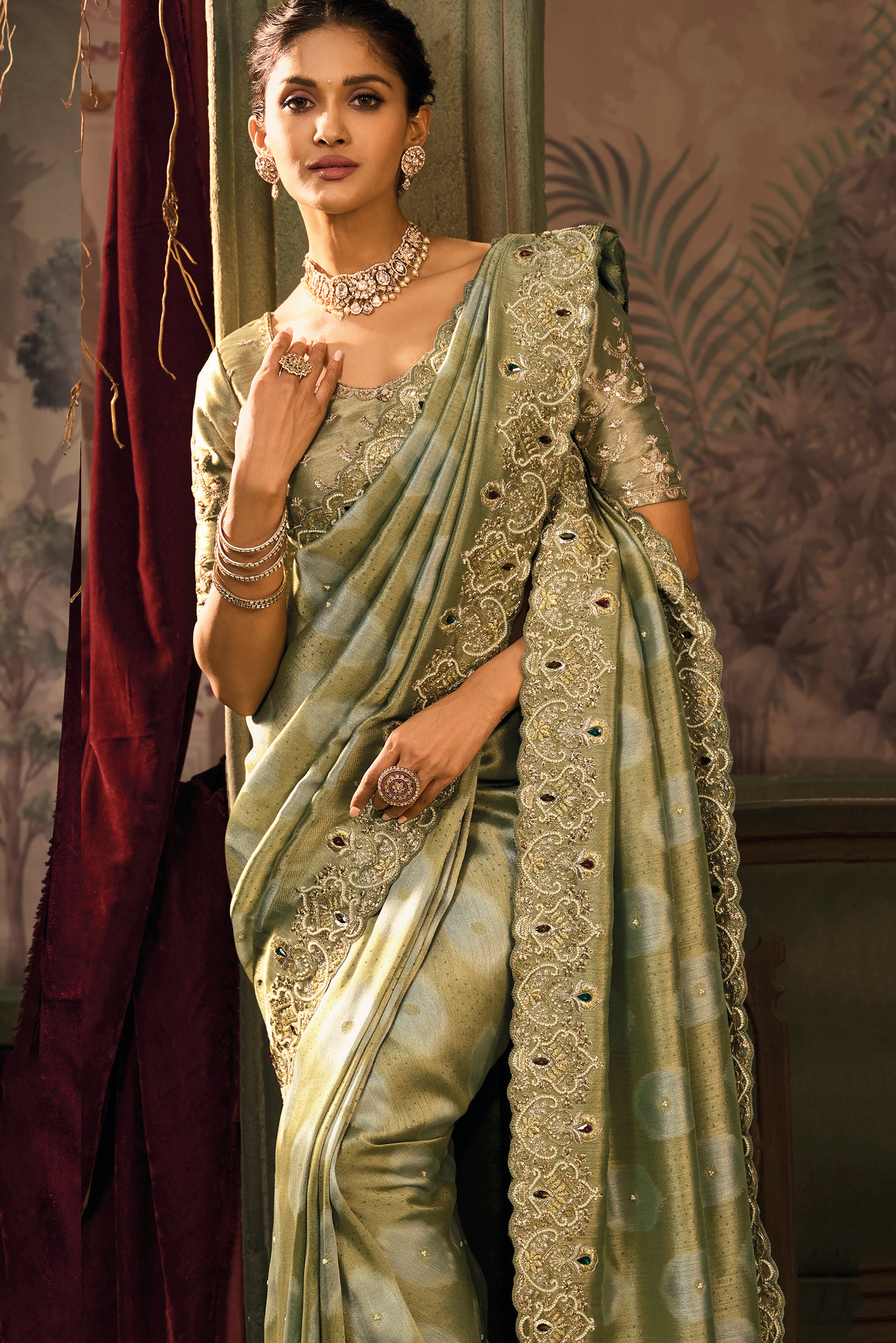 Pista Saree With Jari, Moti, Cut-Dana With Emerald Heavy Work